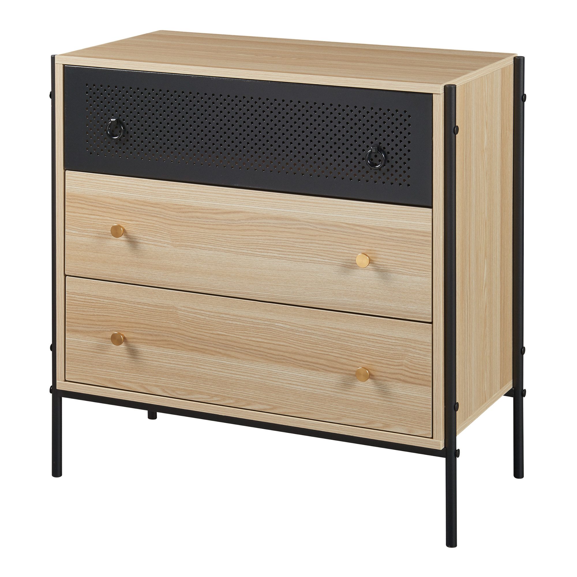 en.casa Schubkastenkommode, Kommode »Tysnes« mit 3 Schubladen 80x80x40 cm Eiche/Schwarz