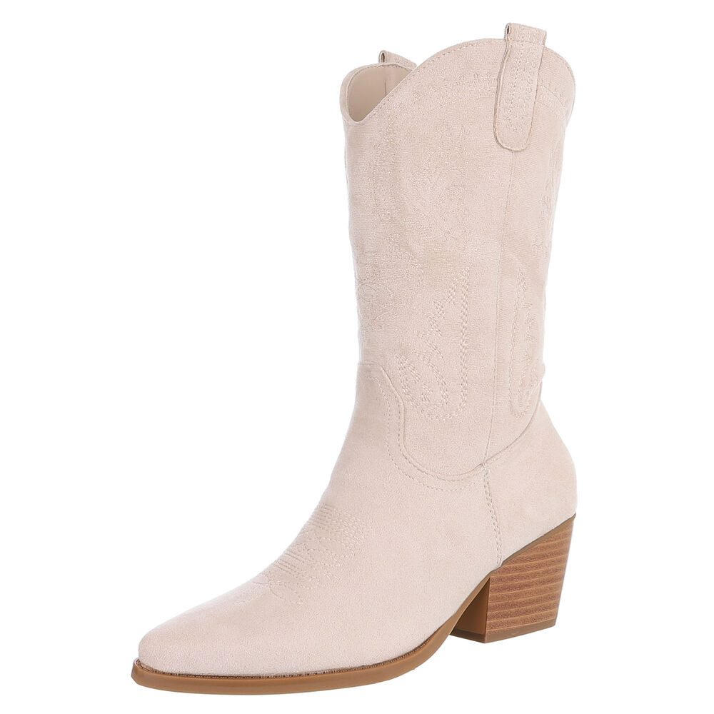 Ital-Design Damen Cowboystiefel Kniehoch Wildleder-Optik Blockabsatz Westernstiefel (92157755) Blockabsatz Stiefel in Beige