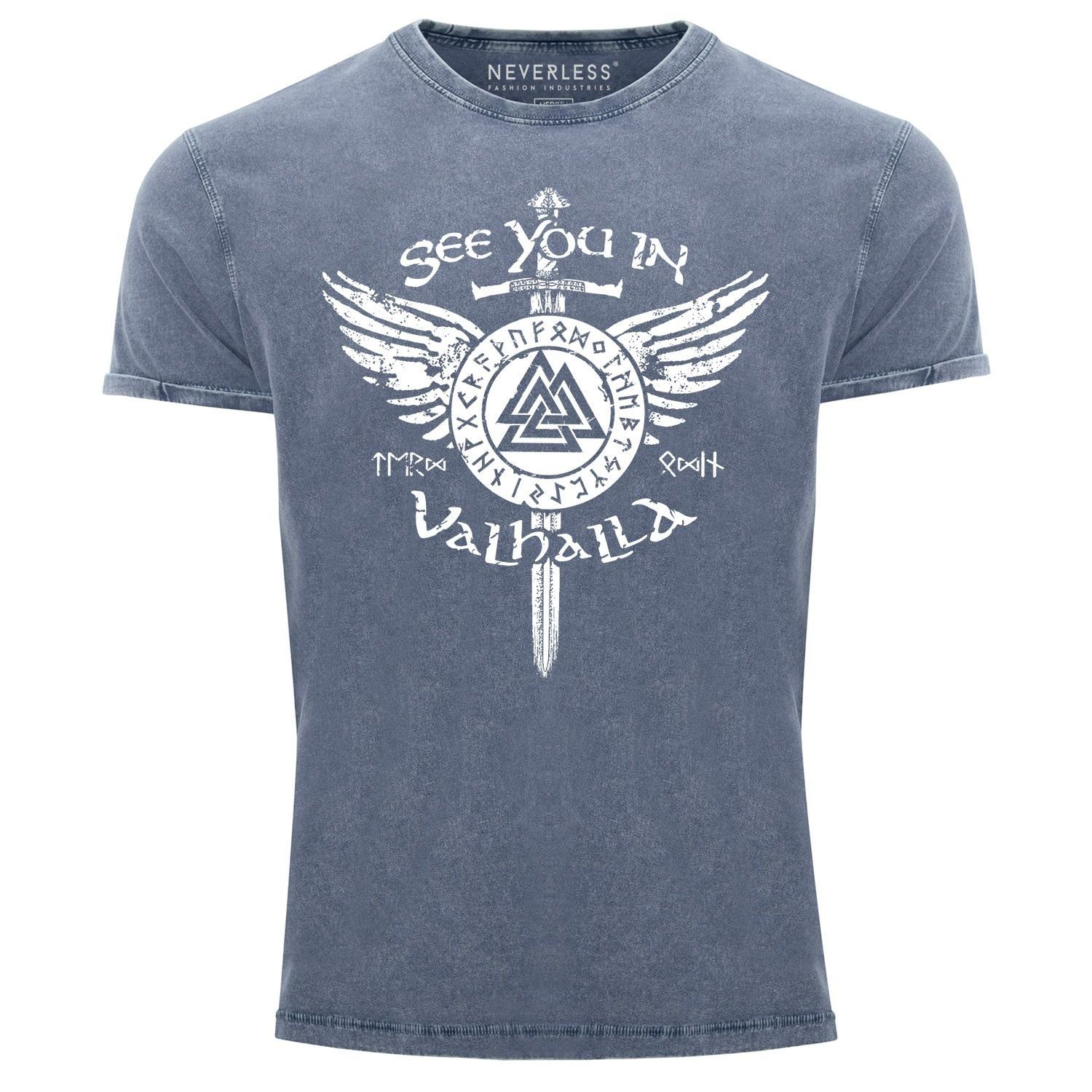 Neverless Print-Shirt Herren Vintage Shirt See you in Valhalla Schwert Runen Odin Vikings mit Print