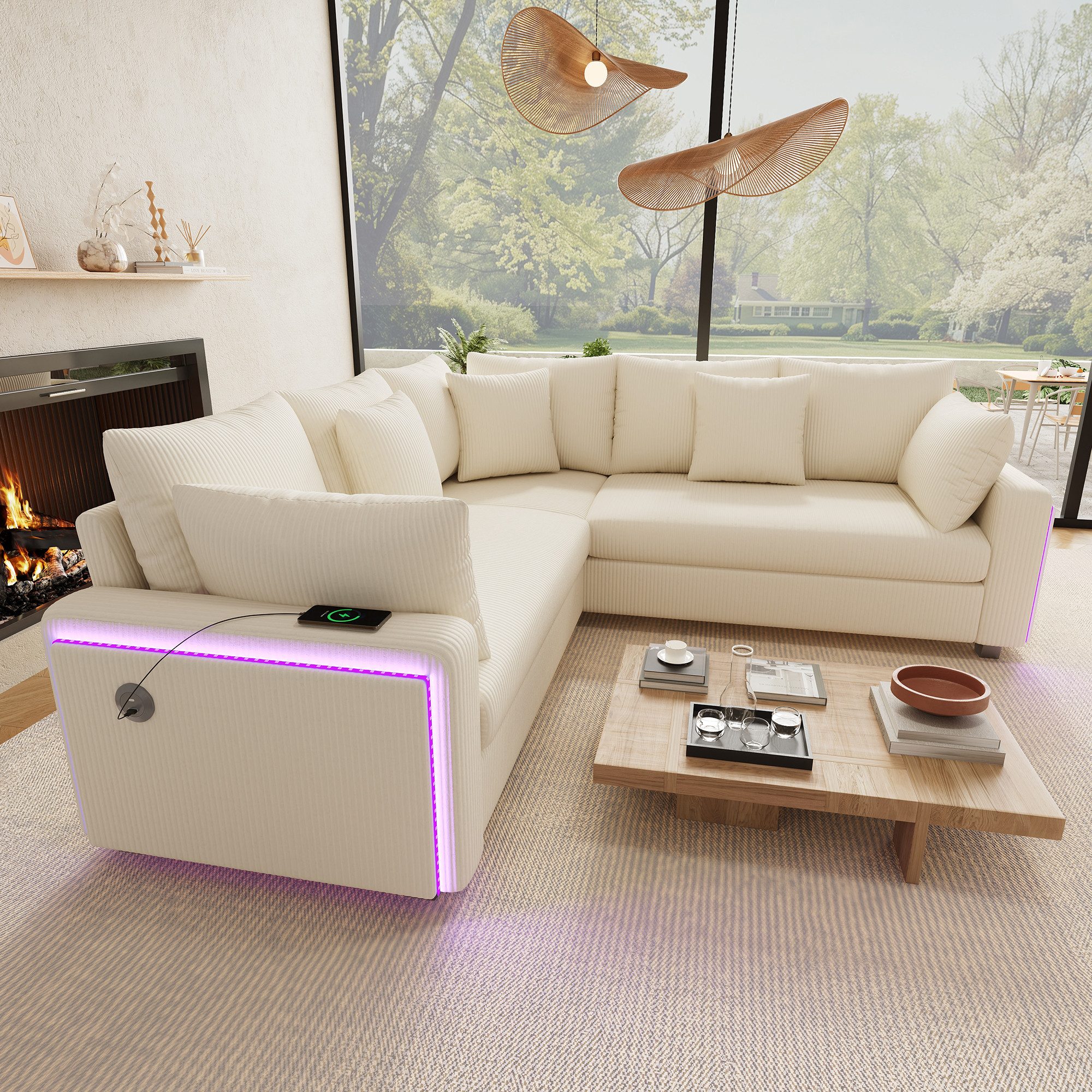 Merax Ecksofa mit LED-Beleuchtung und USB- & USB-C-Ladeanschluss, 198×198×83cm 1 Teile, L-förmiges Sofa Ecksofa, 5-Sitzer Couch mit Kissen, Cordstoff
