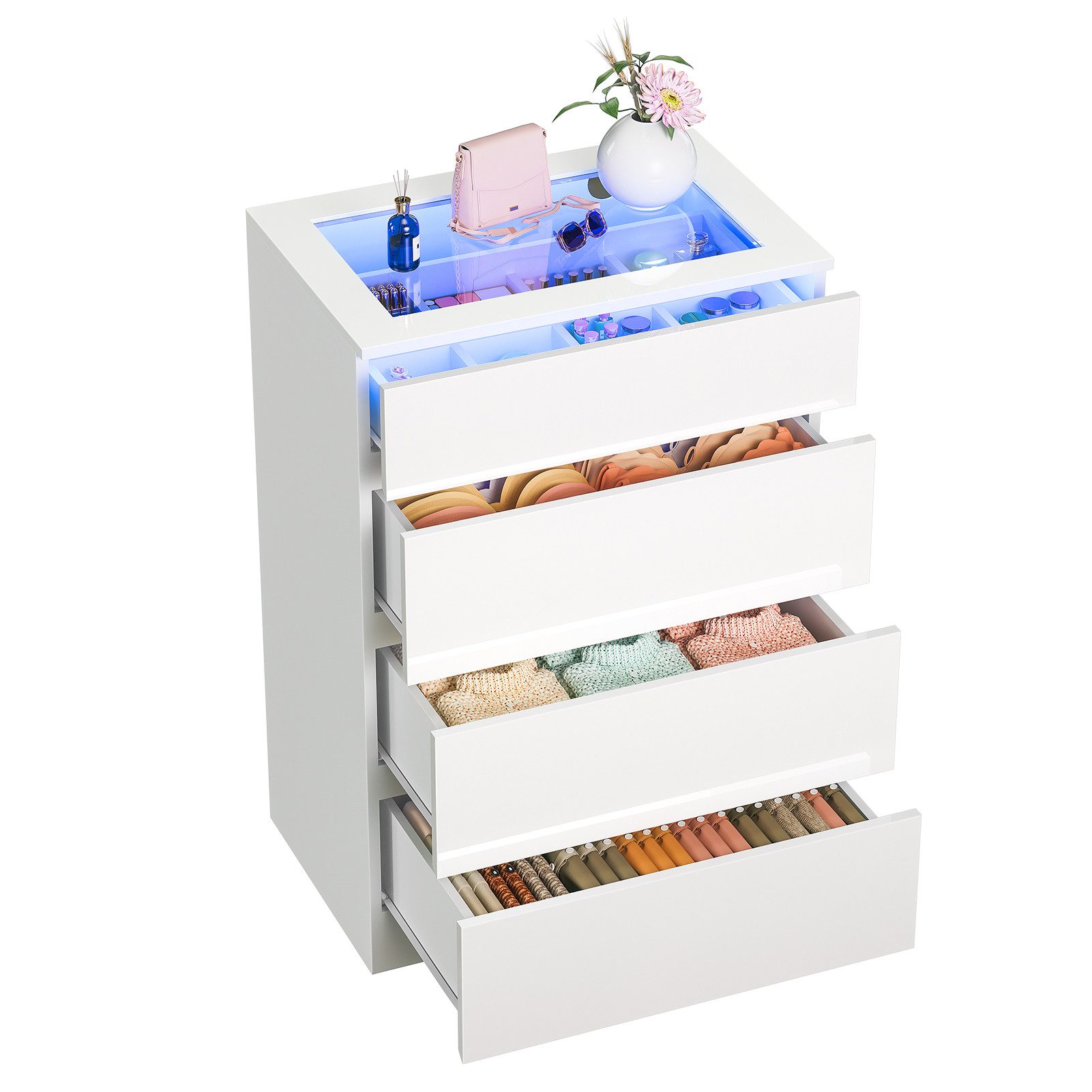 Rutaqian Kommode Schubladenkommode mit LED Beleuchtung, Weiße Kommode mit 4 Schubladen, Moderne Schlafzimmerkommode aus MDF mit Glasplatte und Stauraum