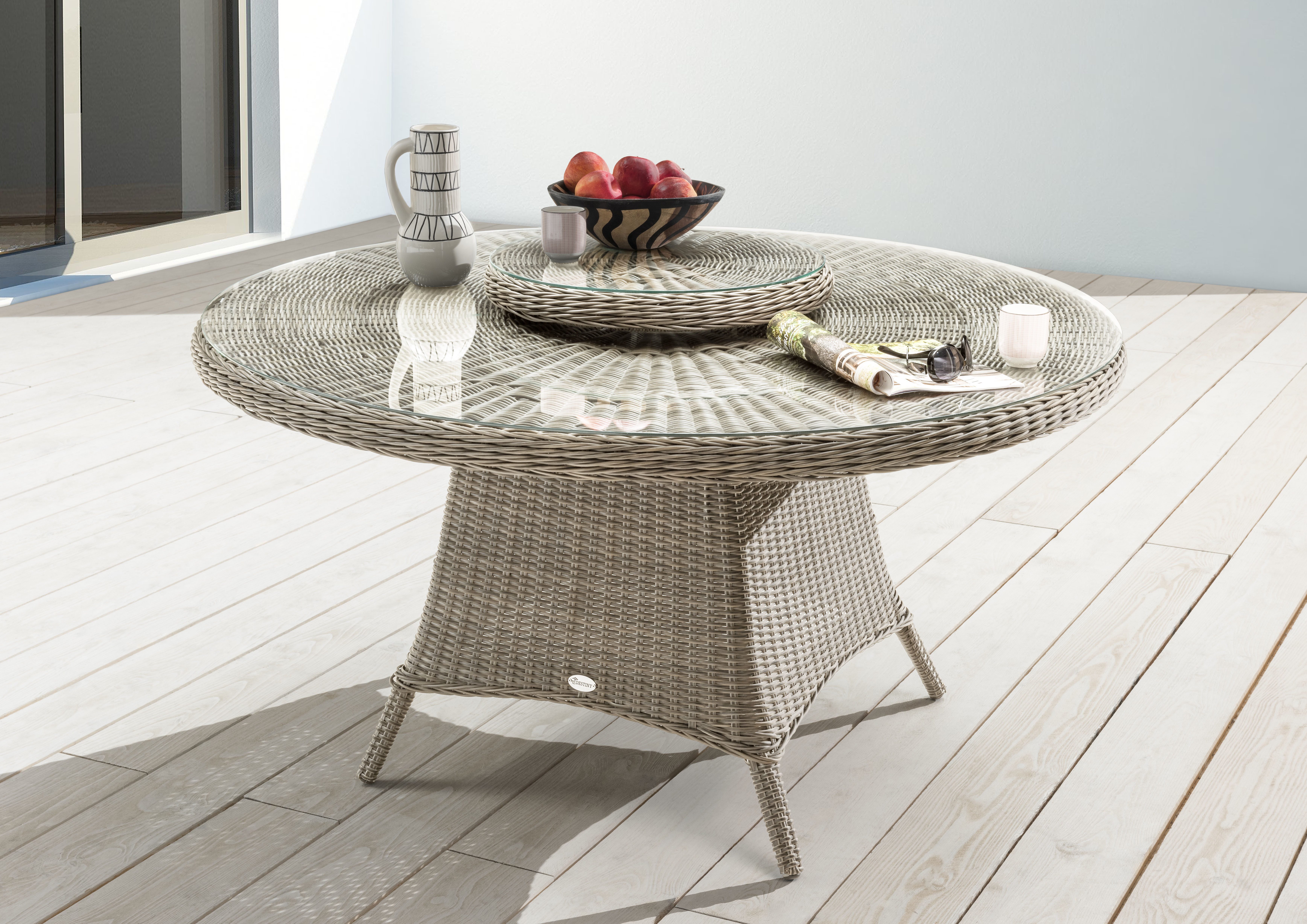Destiny Garten-Essgruppe MALAGA LUNA 6 Se + Tisch Ø 150x75cm vintage weiß, (Set, 7-tlg., 6 Sessel inkl. Polster, 1 Tisch und Drehteller mit aufgel. Glasplatte), Aluminium, Polyrattan