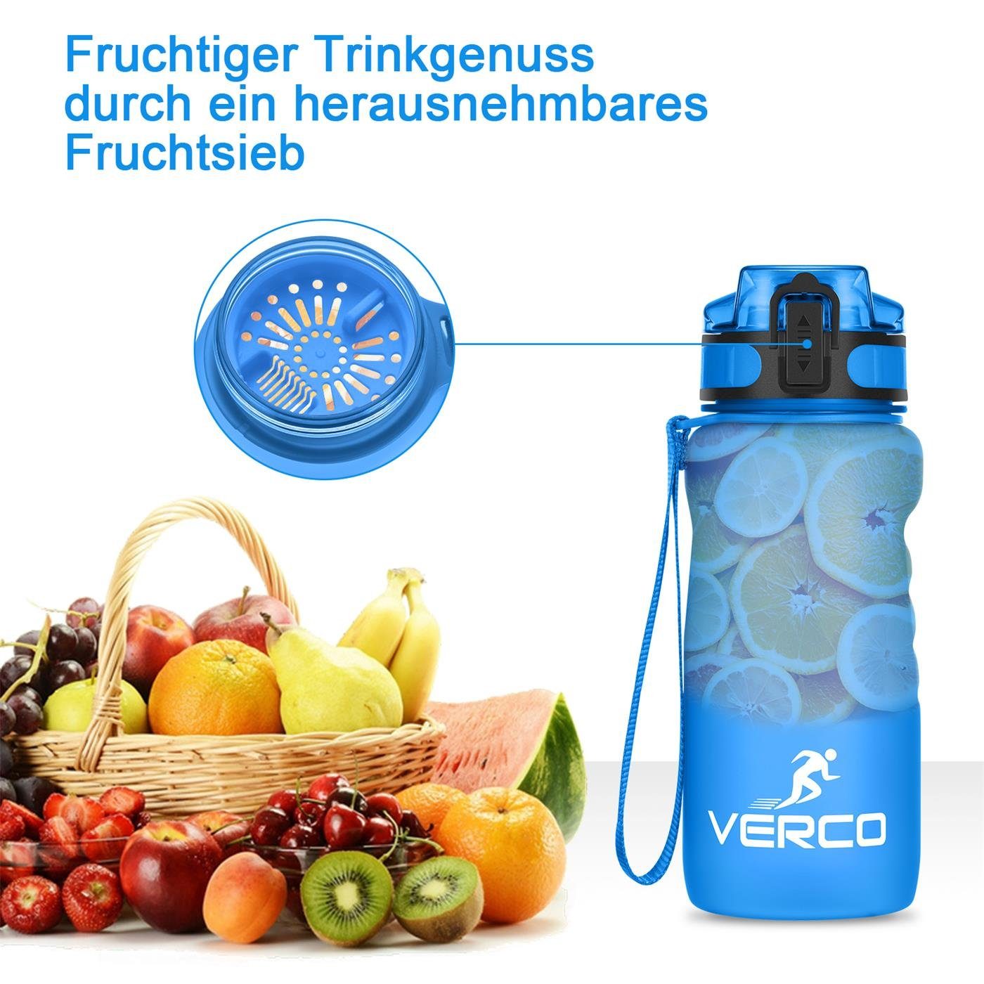 mit Flasche, BPA Fruchtsieb Trinkflasche 350 VERCO Blau Sport Tritan Liter Frei 0,35 ml nachhaltig Wasserflasche wiederverwendbar