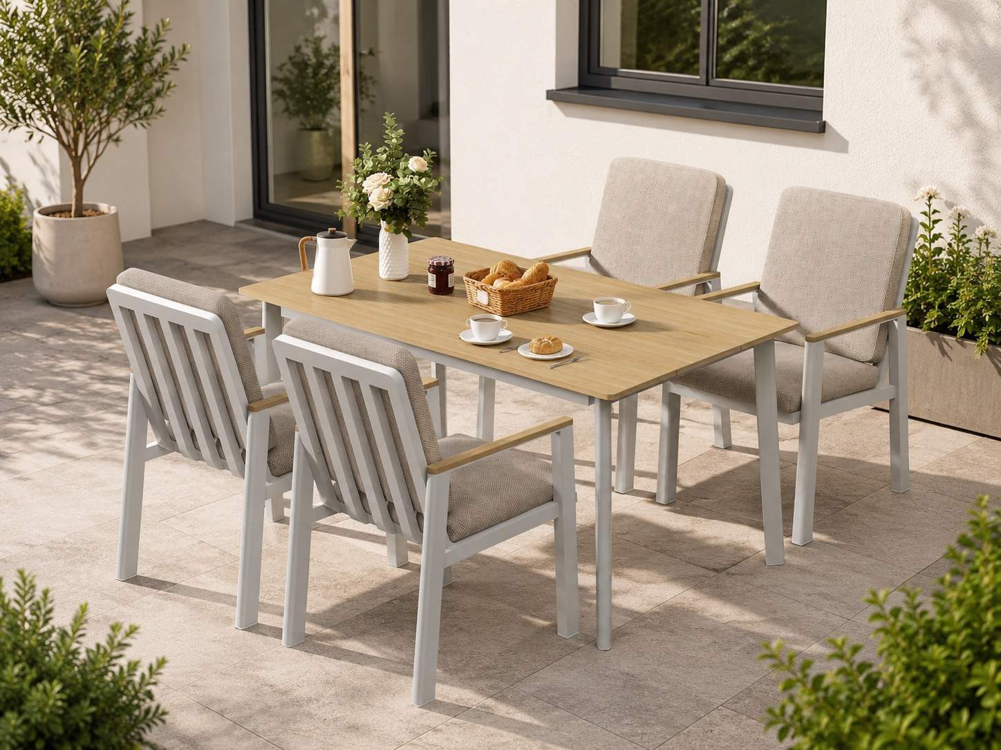 MeXo Gartenlounge-Set Aluminium Gartenmöbel Set, (150 x 80 cm Gartentisch, 5-tlg., mit 4 Stühlen), wetterfeste Essgruppe für Terrasse Balkon Garten