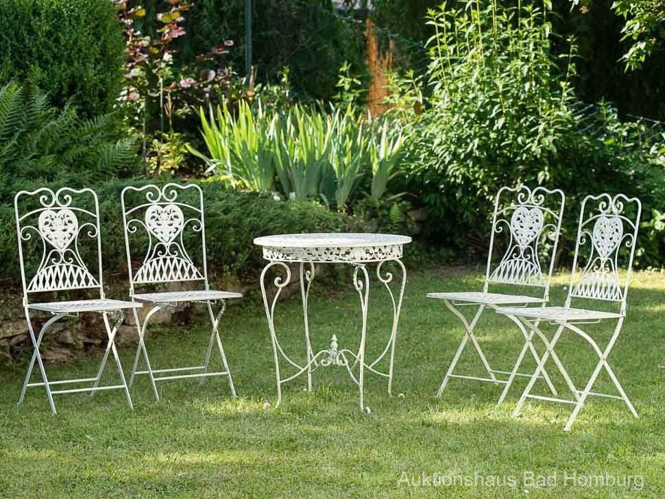 Aubaho Sitzgruppe Eisen crem und Stühle Gartenmöbel antik Gartentisch 4 Stil Bistrotisch