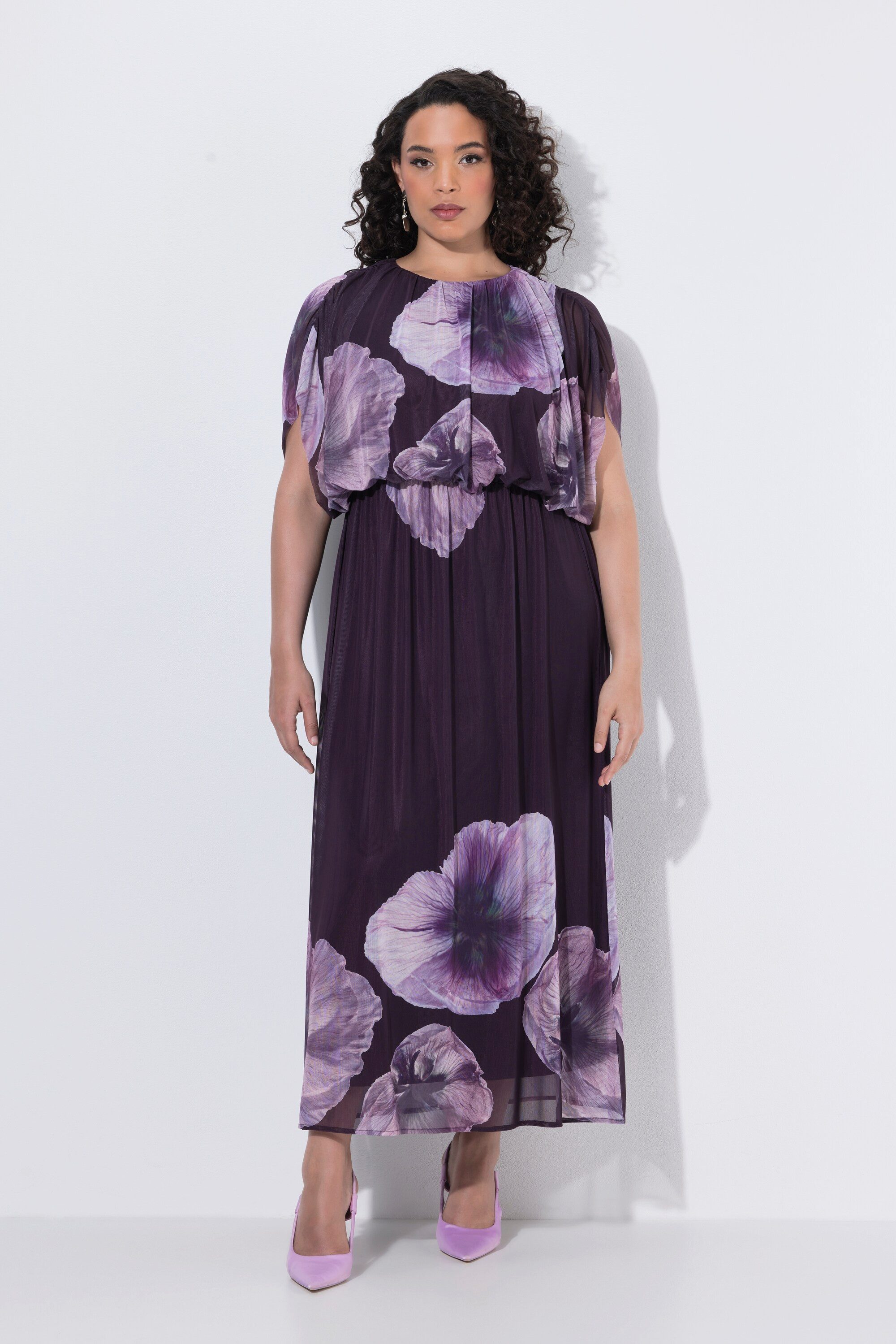 Ulla Popken Abendkleid Maxikleid Blüten Rundhals Ballon-Oberteil ärmellos