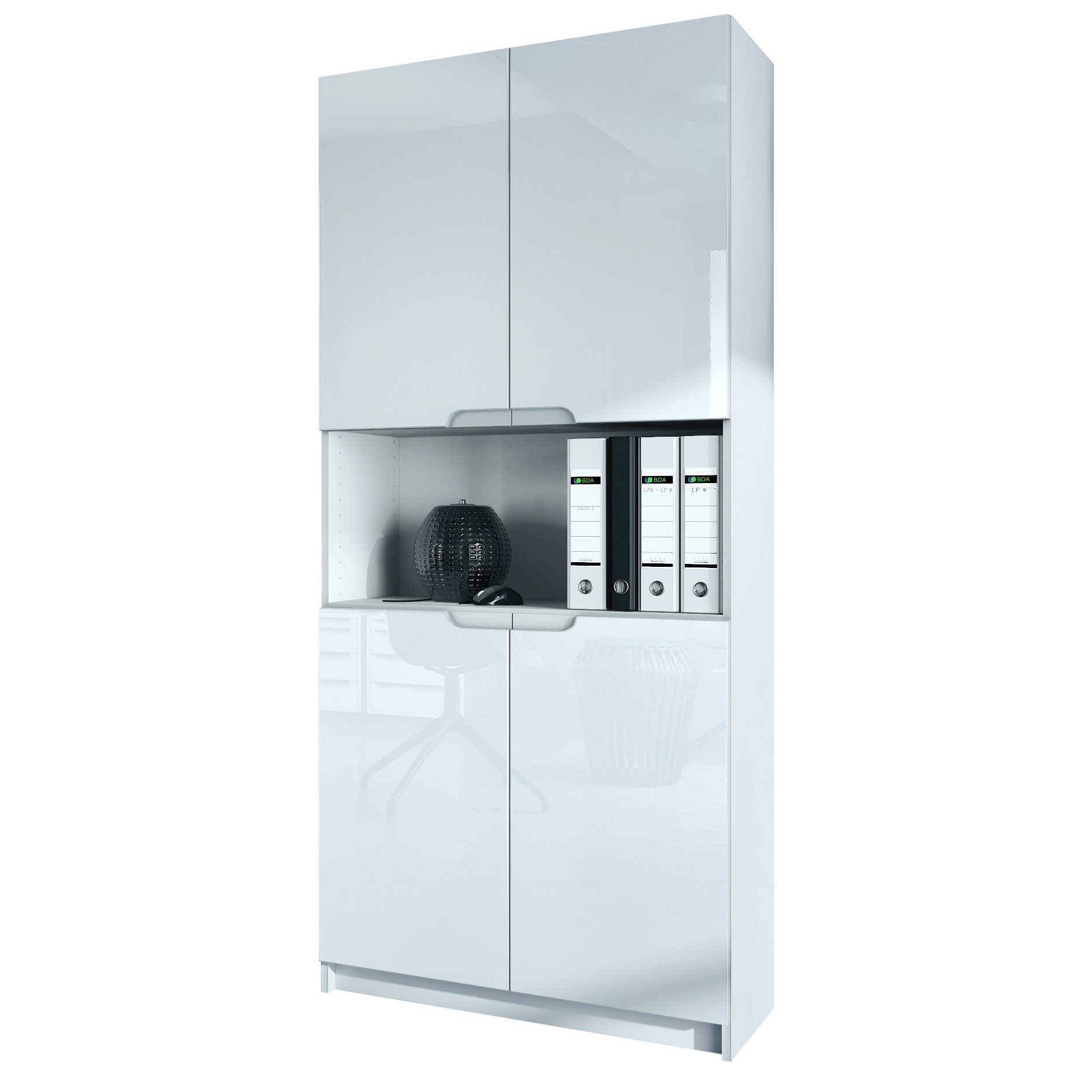 Vladon Aktenschrank Logan (Aktenschrank, mit 5 Fächern und 4 Türen) Weiß matt/Weiß Hochglanz (82 x 184 x 37 cm)