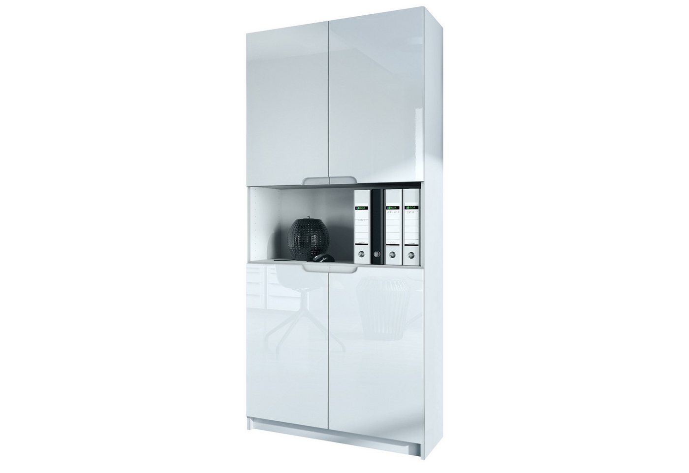 Vladon Aktenschrank Logan V2 (Aktenschrank, mit 5 Fächern und 4 Türen) Weiß matt/Weiß Hochglanz (82 x 184 x 37 cm)