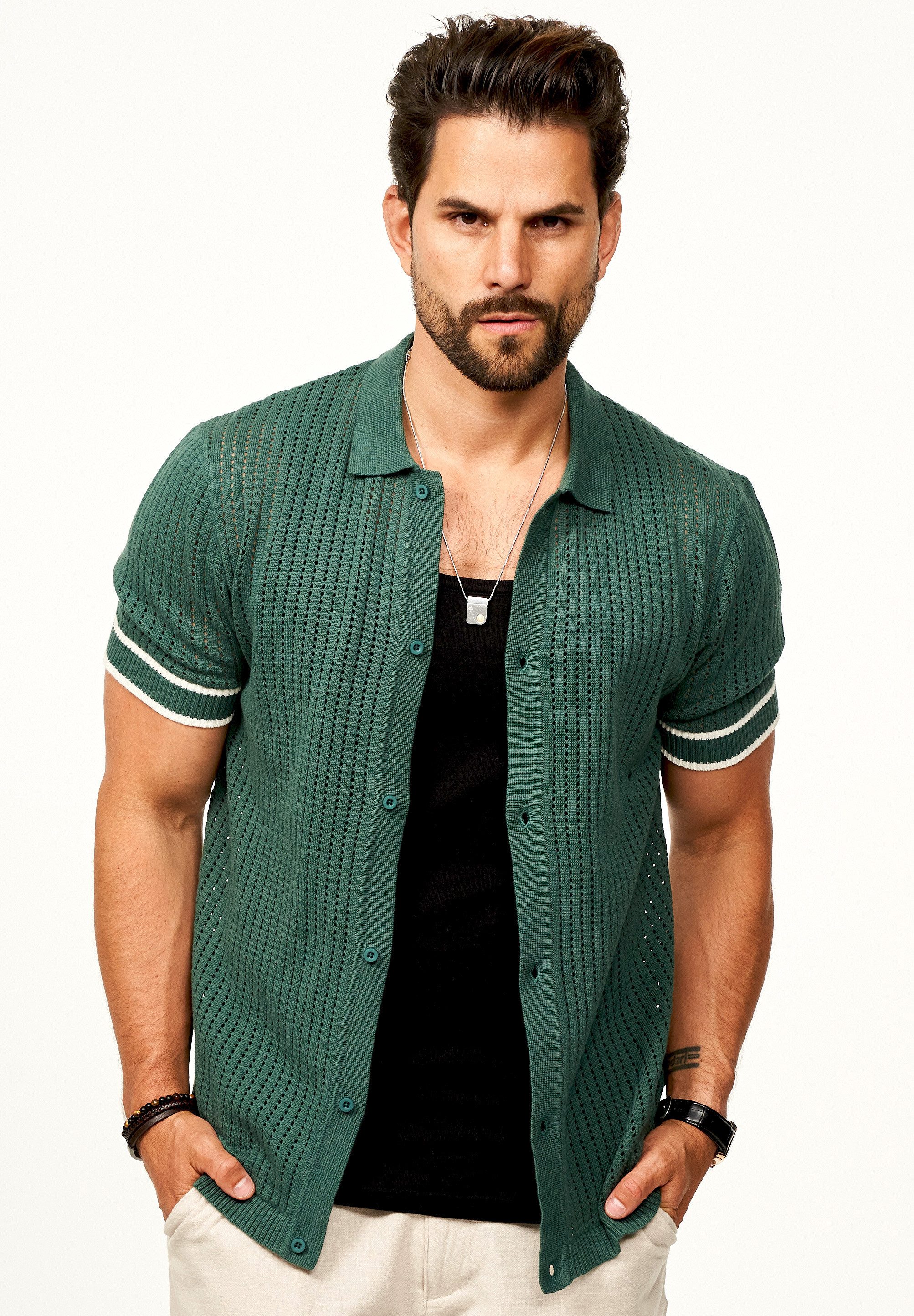 SOULSTAR Poloshirt im Vintage Summer-Look als Cardigan für Herren Kurzarm Strick Polo-Hemd T-Shirt Kurze Strickjacke