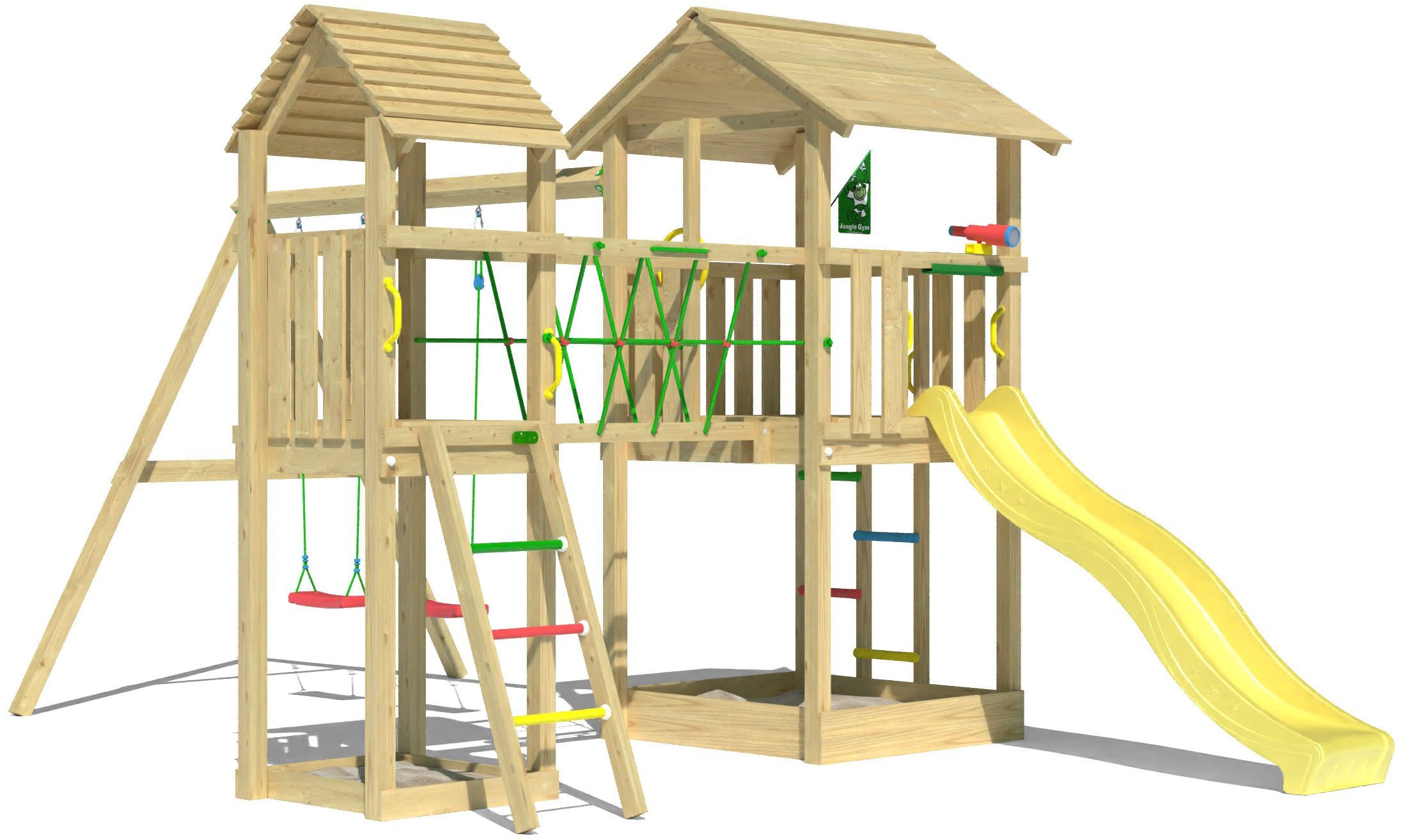 Jungle Gym Spielturm Nova, Spielanlage mit 2 Türmen, Schaukel und Rutsche mit Wasseranschluss