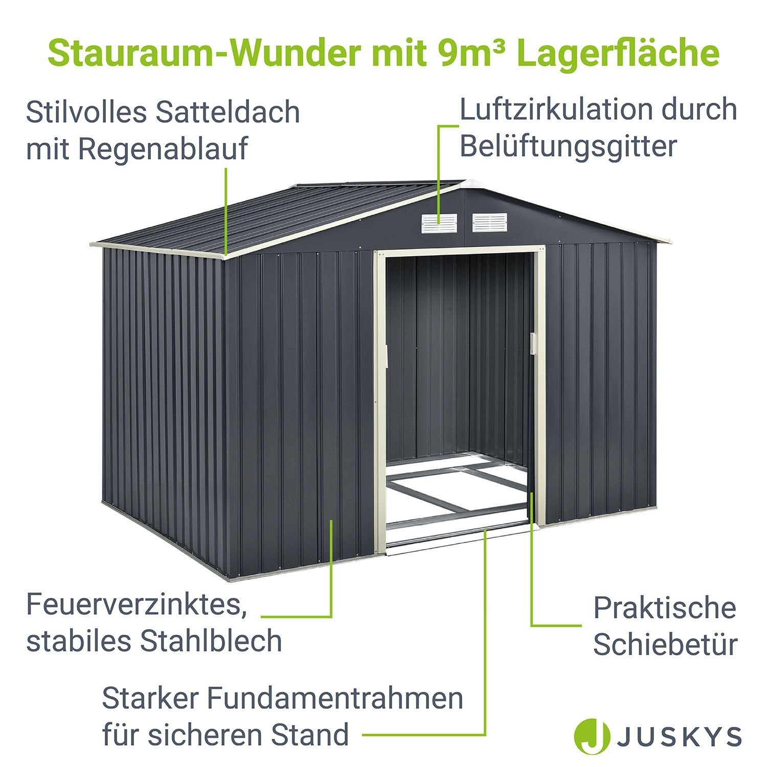 Juskys Gartenhaus XL, BxT: 277x191 cm, mit Satteldach, Schiebetür,  Fundamentrahmen, 9 m³