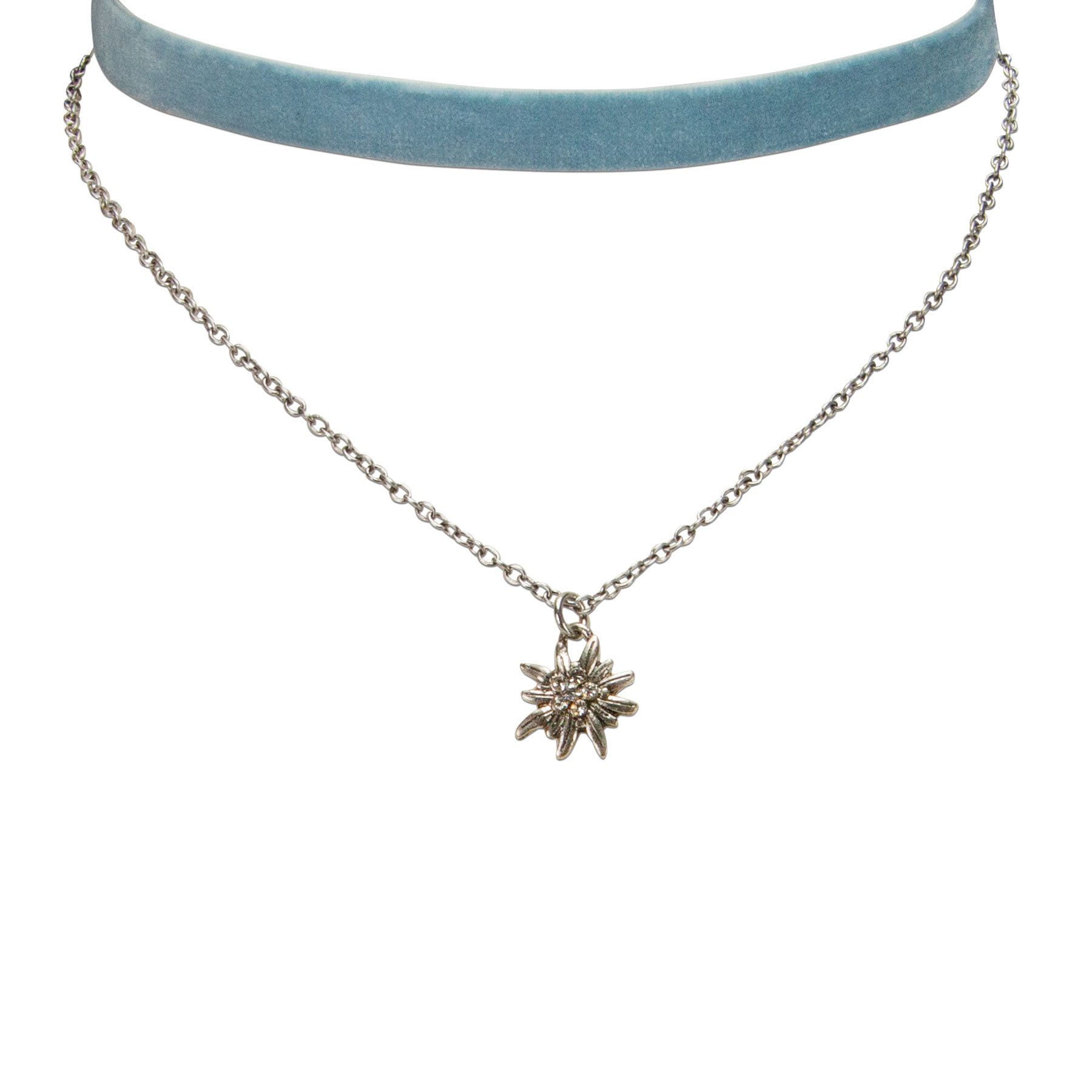 Alpenflüstern Choker Trachten-Samt-Kropfband Strassedelweiss-Kette (hell-blau), - nostalgische Trachtenkette enganliegend, Kropfkette elastisch, Damen – Bild 3 von 5