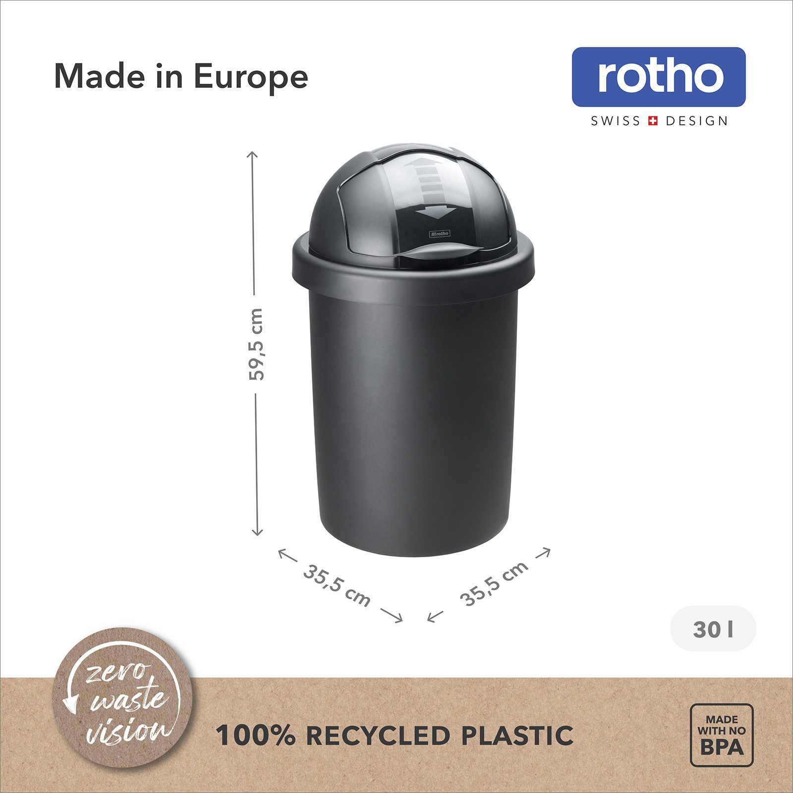 ROTHO Mülleimer ROLL BOB Abfalleimer Set 10 l und 30 l mit Schiebedeckel, Abfalltrennsystem ideal für Haushalt, Küche und Büro – Bild 4 von 5