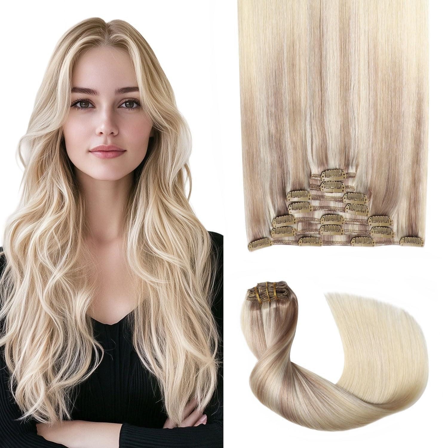 Echthaar-Extension Extensions Clip 35cm #18 22 60 Aschblond bis Goldblond und Platinblond