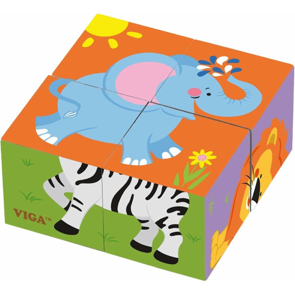 Viga® Holzspielzeug Viga 50836 4-teiliges 6-Seiten-Würfelpuzzle - Wildes Tier Spielbausteine, (Packung)