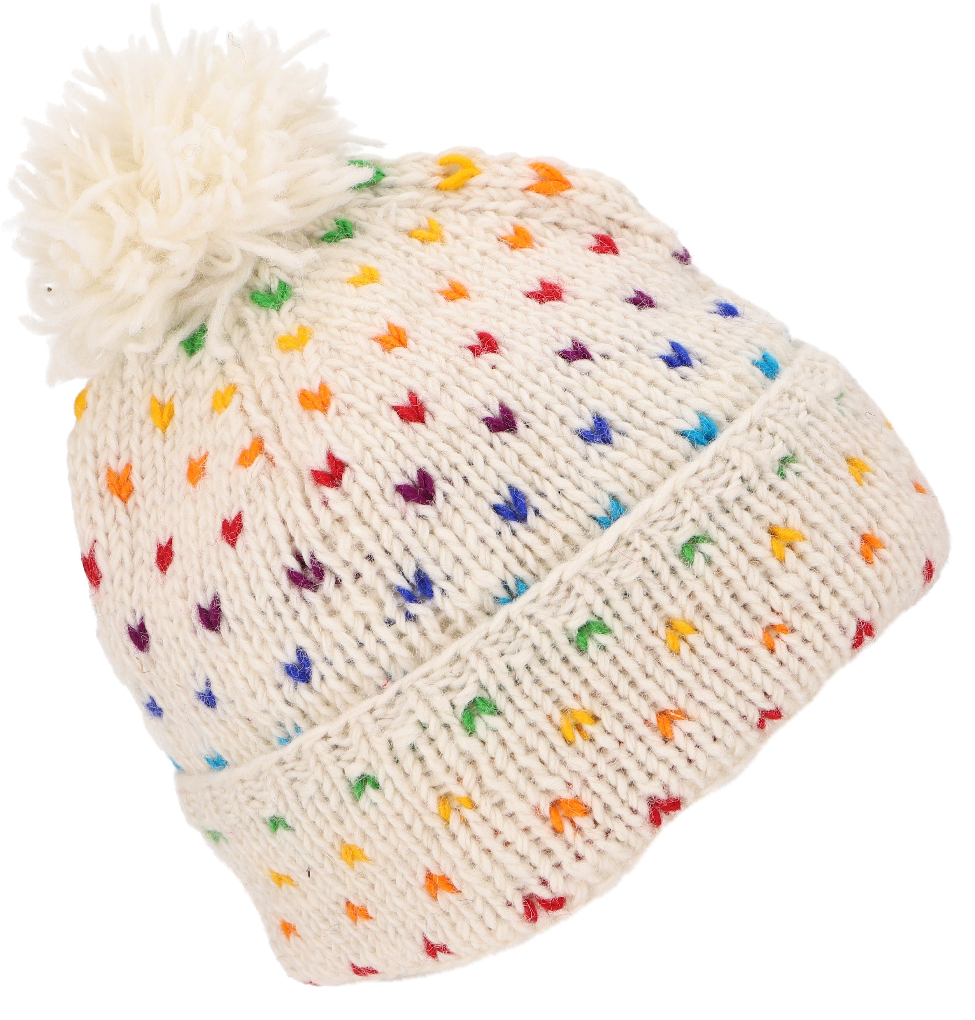 Guru-Shop Strickmütze Beanie Mütze, Bommelmütze aus Nepal, bunte.. weiß/regenbogen