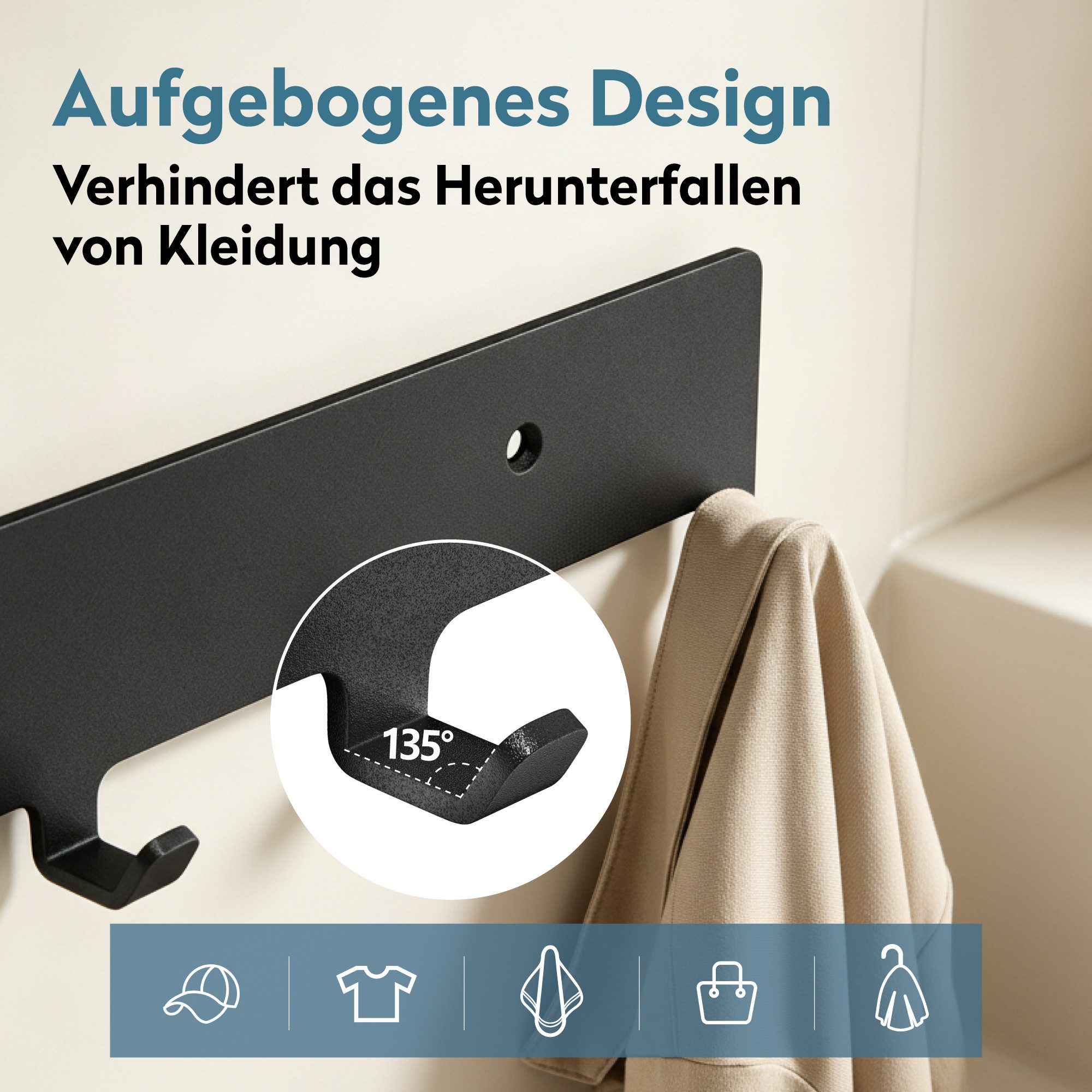 doporro Garderobenleiste Wandgarderobe Kleiderhaken mit 7 Haken aus Kohlenstoffstahl Stalo-17, 7 Haken