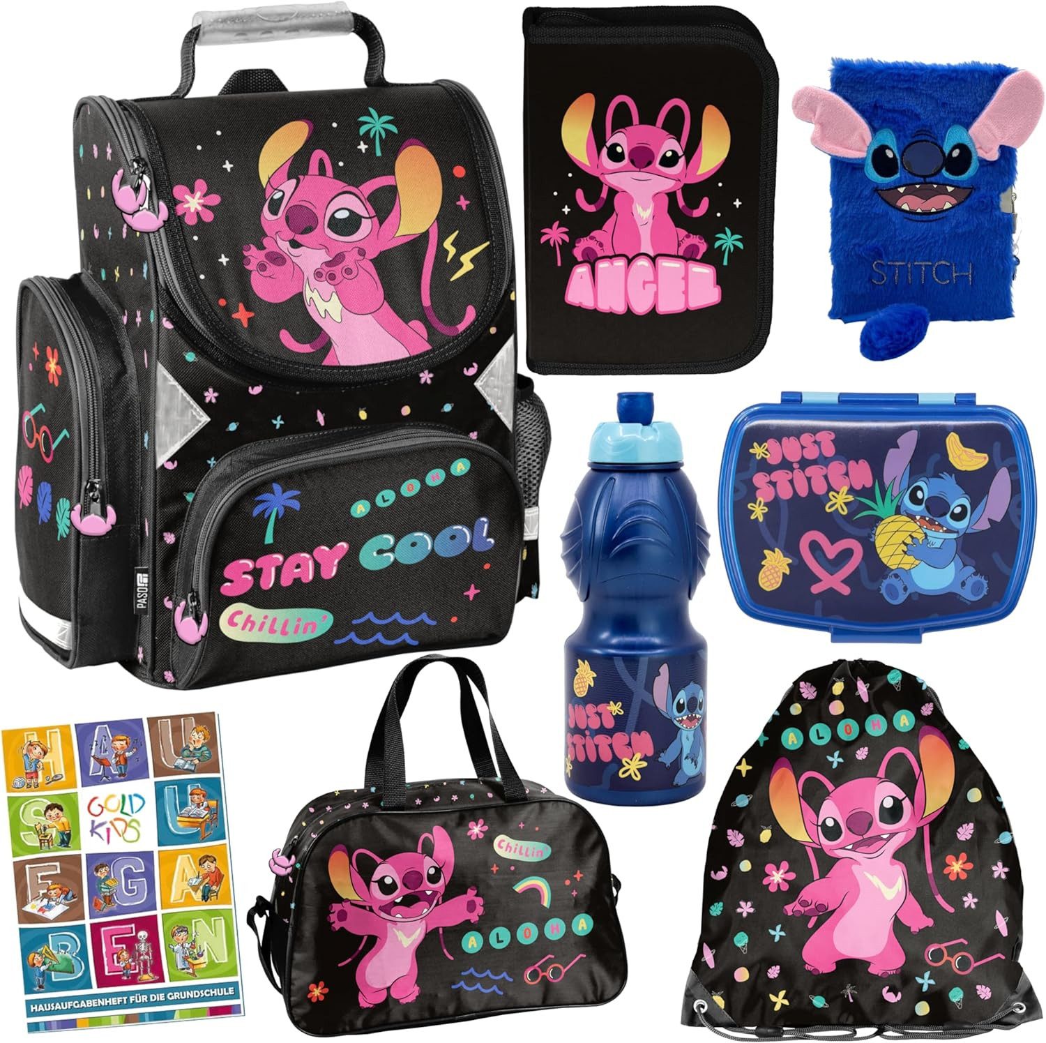 GOLDKIDS Schulranzen für Jungen und Mädchen - Schul-Rucksack für Kinder (mit Federmäppchen - Schuhbeutel, Sporttasche, 8-tlg., Tagebuch und Hausaufgabenheft), - Lilo und Stitch Motiv - 1-3 Klasse