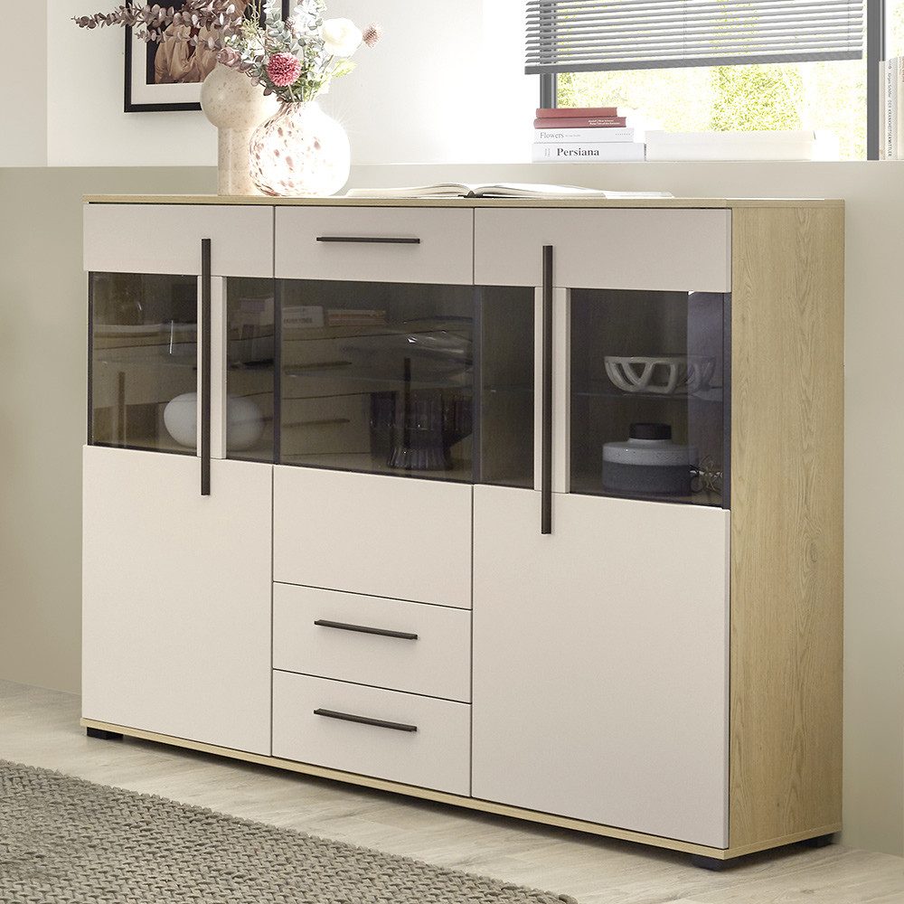 Lomadox Highboard COLORADO-61, Wohnzimmerschrank 160 cm breit in Beige mit Eiche