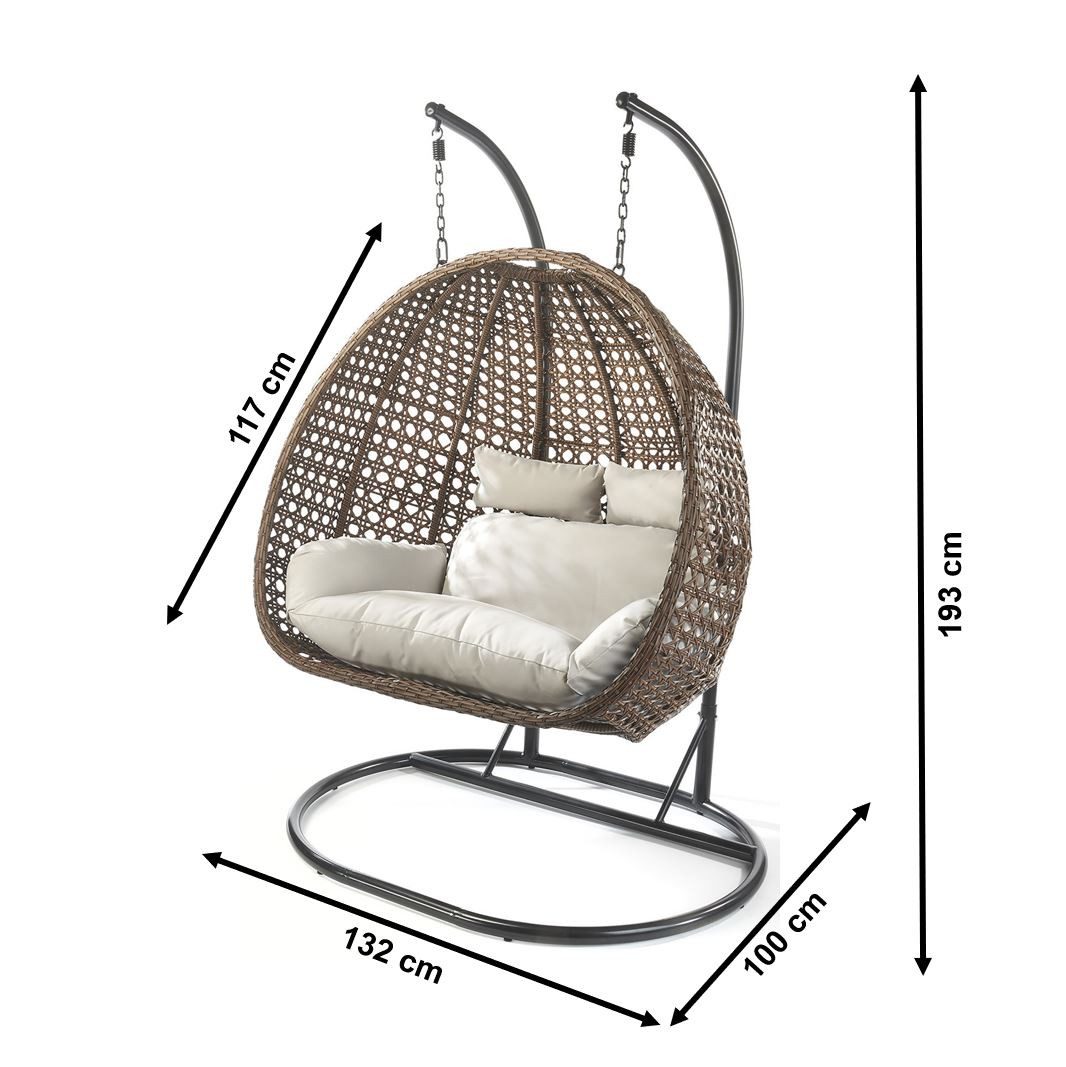 Kobolo Hängesessel BRUNO Polyrattan Gestell und Kissen - zwei Personen (1 Stück, mit Gestell), hochwertiges Polyrattan