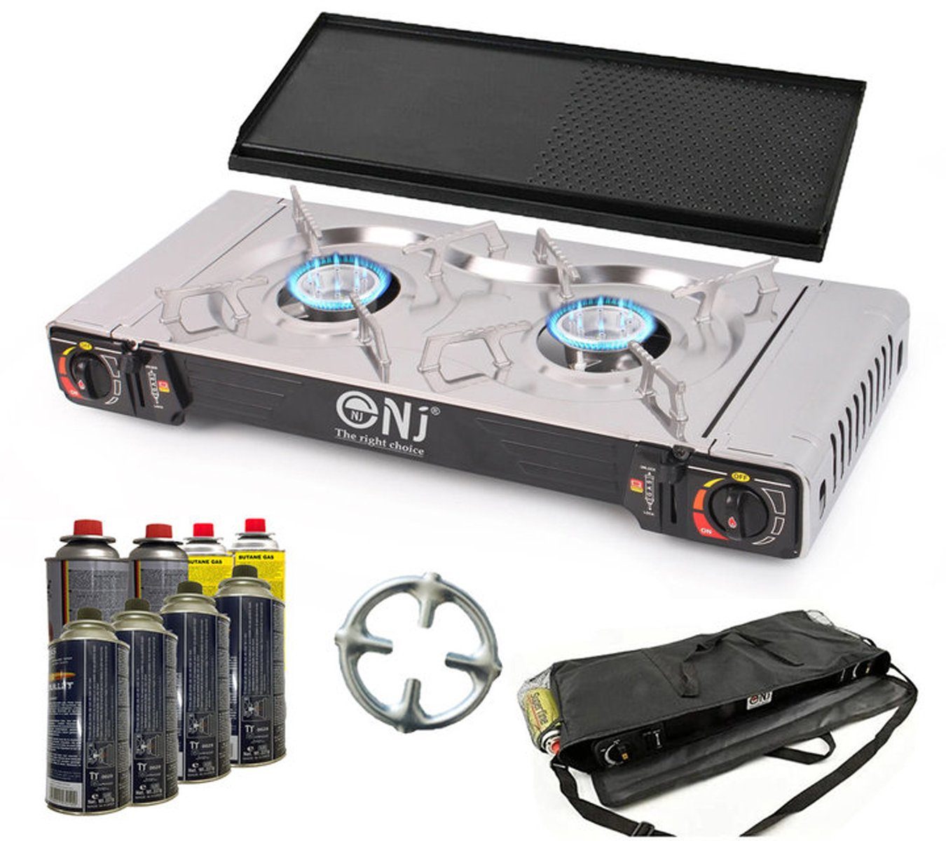 NJ The right choice Camping-Gas SG-2, Campingkocher Doppel Kartuschenkocher 2 flammig + 8x Kartuschen