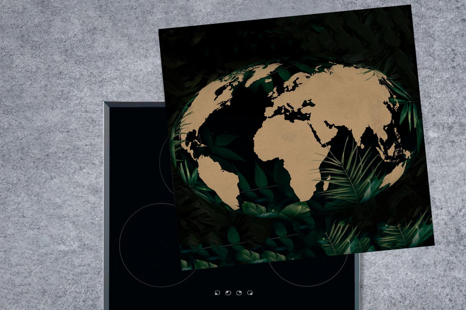 Globus - cm, - Vinyl, tlg), Herdblende-/Abdeckplatte 78x78 für Arbeitsplatte MuchoWow küche Weltkarte Tropische (1 Ceranfeldabdeckung, Pflanzen,