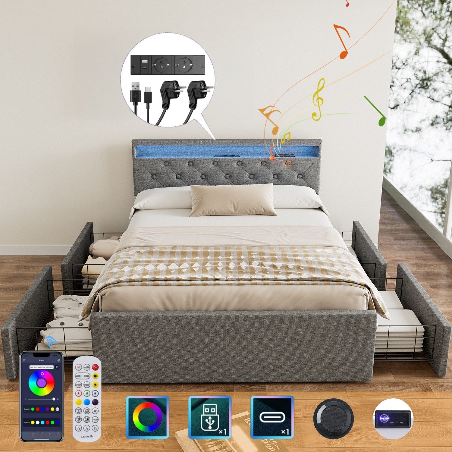 WILGOON Polsterbett Musik Doppelbett 140x200cm, mit günstig online kaufen