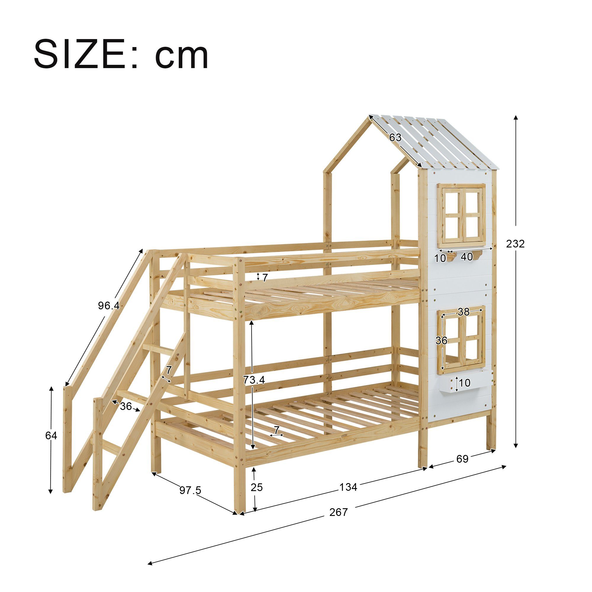 Etagenbett (Hochbett Kinderbett 90x200 cm), inklusive Trittleiter und Rundum-Absturzschutz, Kiefer
