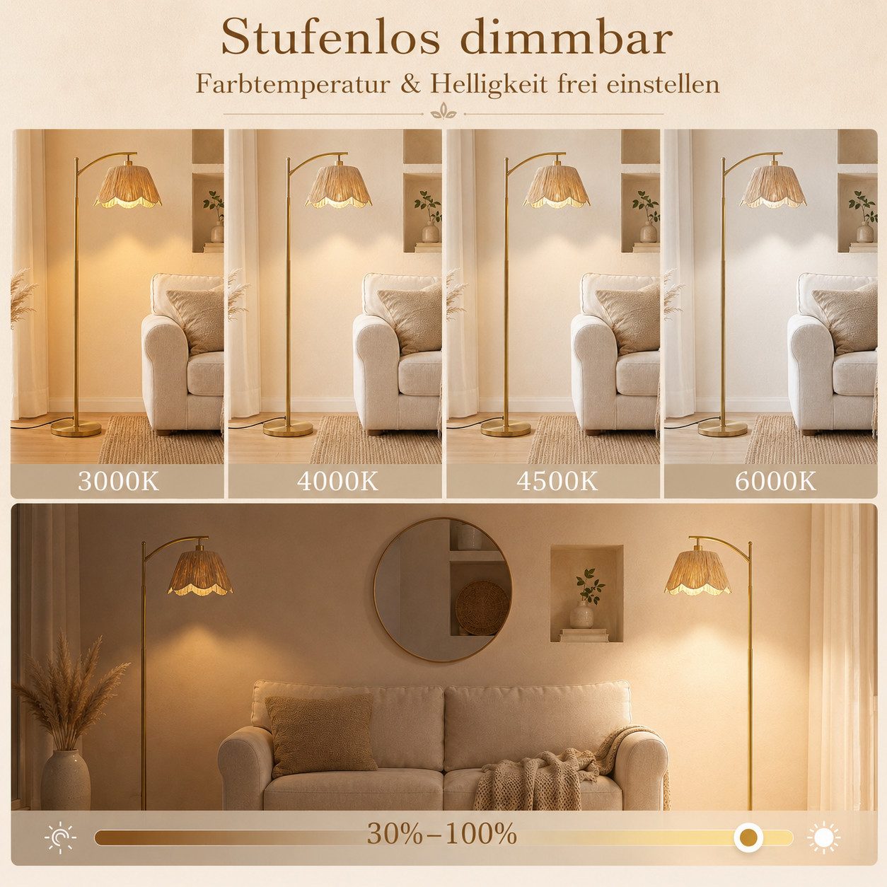 Sunicol Stehlampe Boho Stehlampe wohnzimmer Dimmbar 4 Farbtemperatur mit Fernbedienung, Mit LED-Glühbirne Marmorsockel Stehleuchte für Schlafzimmer Büro