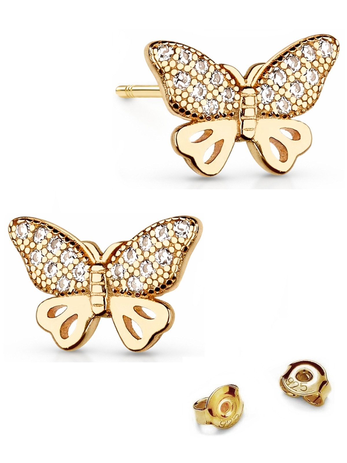 Goldene Hufeisen Paar Ohrstecker Schmetterling Ohrringe 18k Gelbgold vergoldet Echtsilber Ohrstecker, 925 Sterling Silber Goldschmuck für Damen