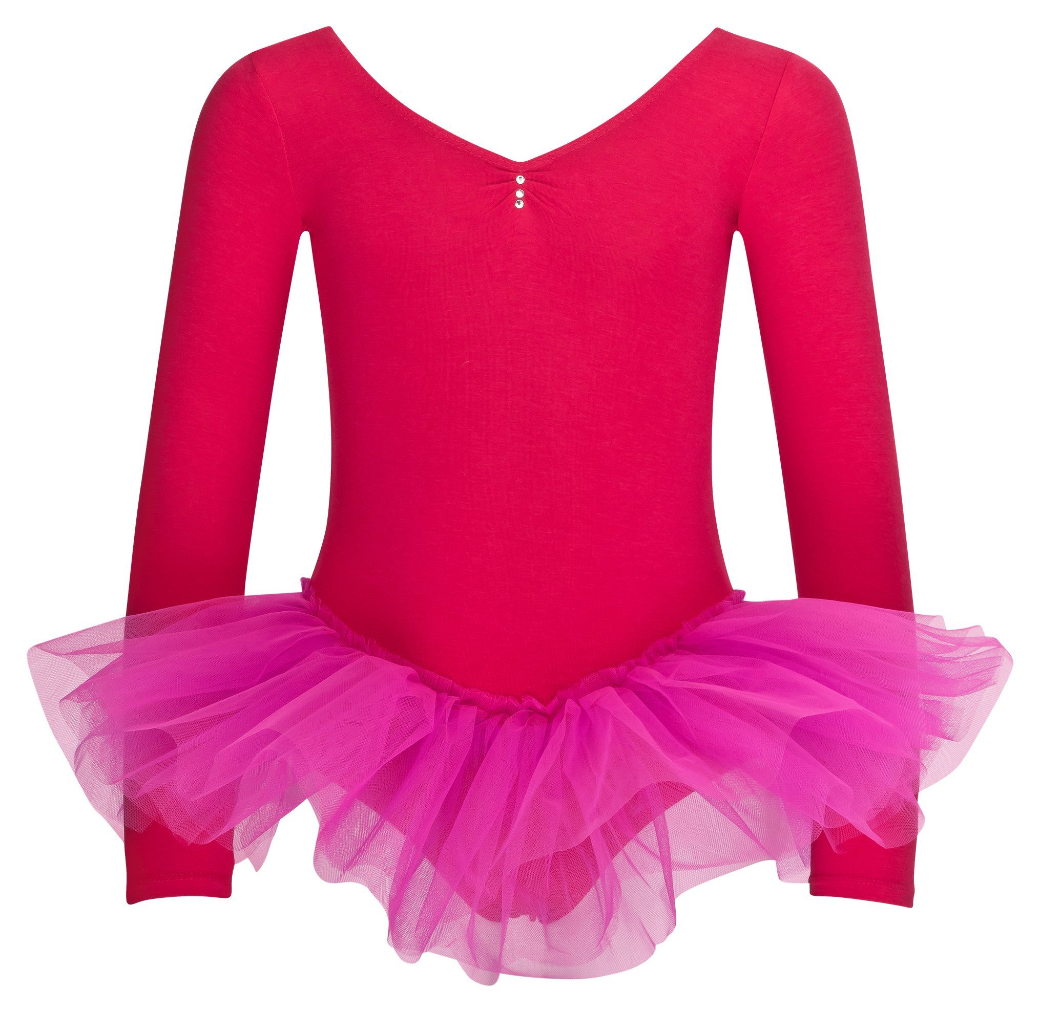 tanzmuster Tüllkleid Ballett Tutu Romy mit Glitzersteinen Langarm Ballettkleid aus weicher Baumwolle mit Tüllrock für Mädchen pink