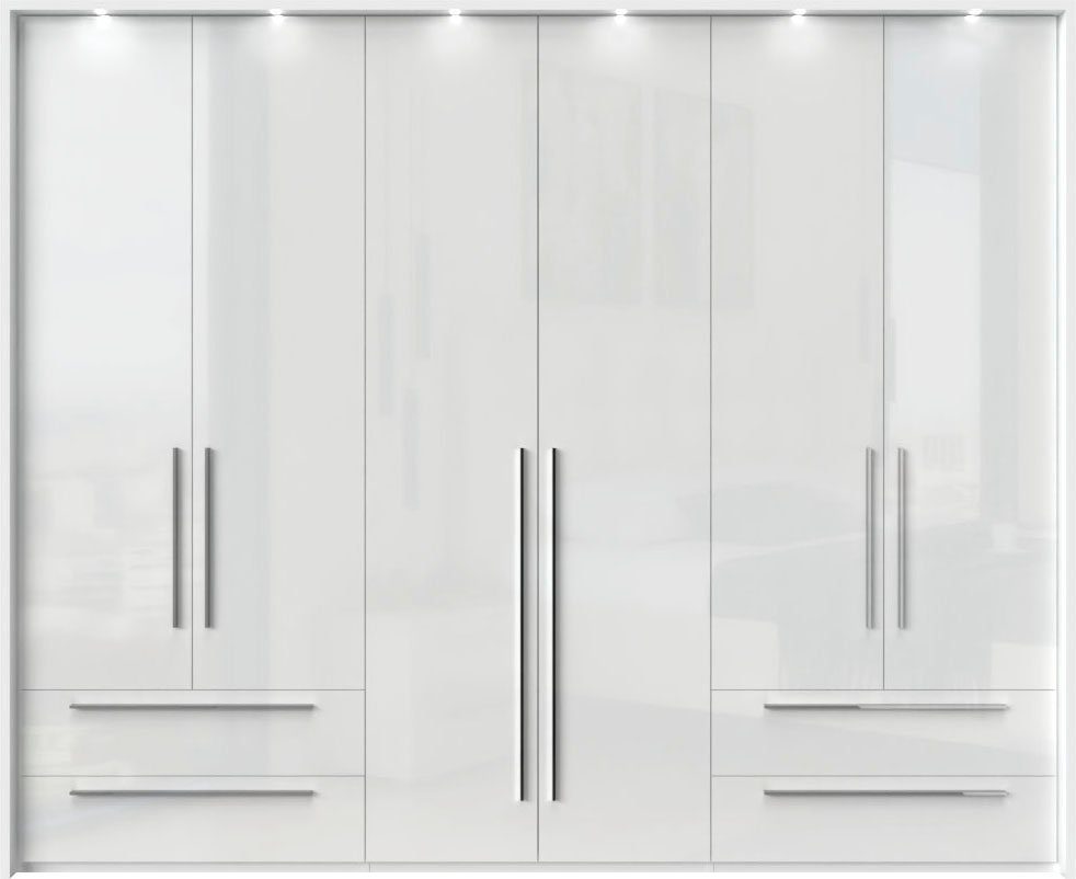 OTTO home Drehtürenschrank Piano, inklusive Rahmen und Beleuchtung, soft-close-Funktion (277 oder 322cm breit, 226cm hoch, mit 4 Schubladen) UV lackiert, hochglänzend weiß oder beige, FSC-zertifiziert
