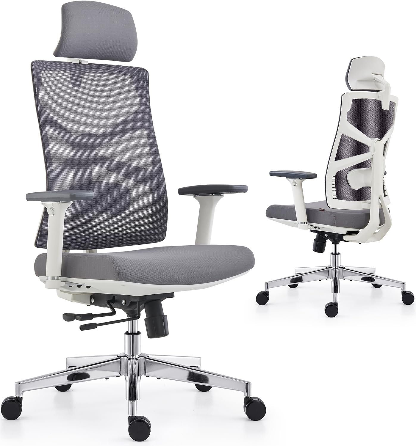 HOLLUDLE Bürostuhl (Lendenwirbelstütze und 2D Kopfstütze), Bürostuhl mit Adaptiver Rückenlehne,Schreibtischstuhl mit 4D Armlehnen