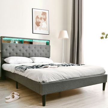 MODFU Polsterbett Doppelbett Stauraum-Kopfteil Bett (140x200cm ohne-Matratze), mit aufladen USB und LED-Beleuchtung Bettgestell
