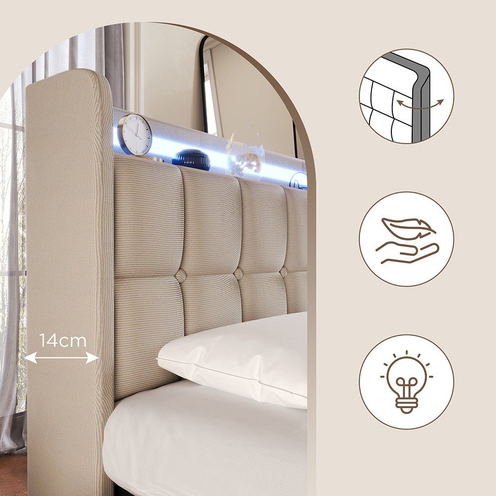 Polsterbett (Stauraumbett mit Lattenrost), Dopplebett 180x200cm mit LED-Beleuchtung, Ladefunktion & 4 Schubladen