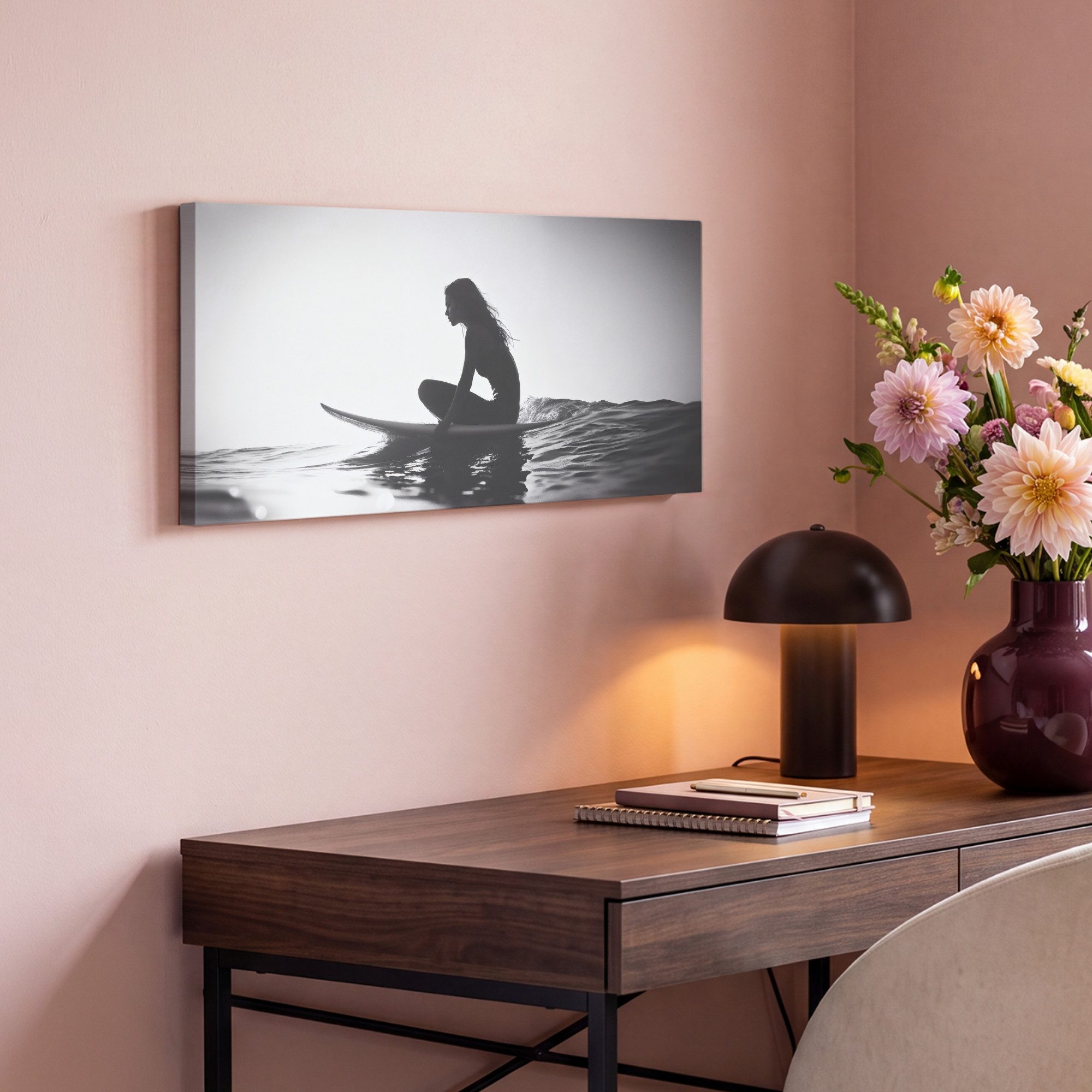 OneMillionCanvasses® Leinwandbild Panorama Silhouette - Frau - Surfbrett - Wasser, Fotodruck (1 St), Wandbild, Deko Schlafzimmer Wohnzimmer Flur 40x20 cm – Bild 4 von 5