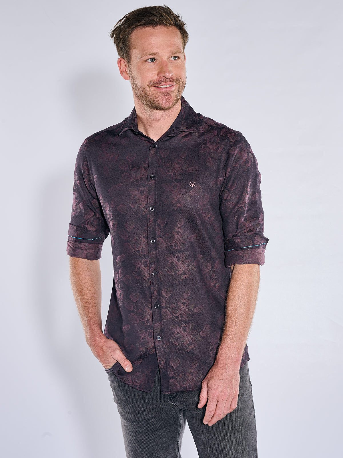 ENGBERS GERMANY Langarmhemd Herren Langarm Hemd mit floralem Muster, Bordeaux – Bild 5 von 5