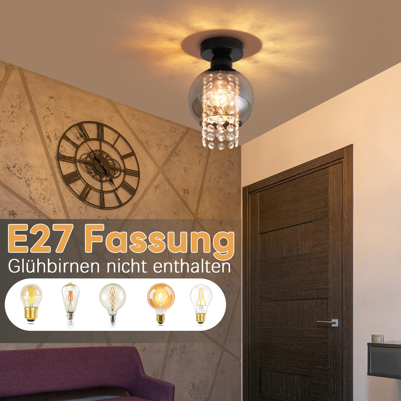 Nettlife Deckenleuchte Schlafzimmer E27 Rauchgrau Glas Kristall Modern Essz günstig online kaufen