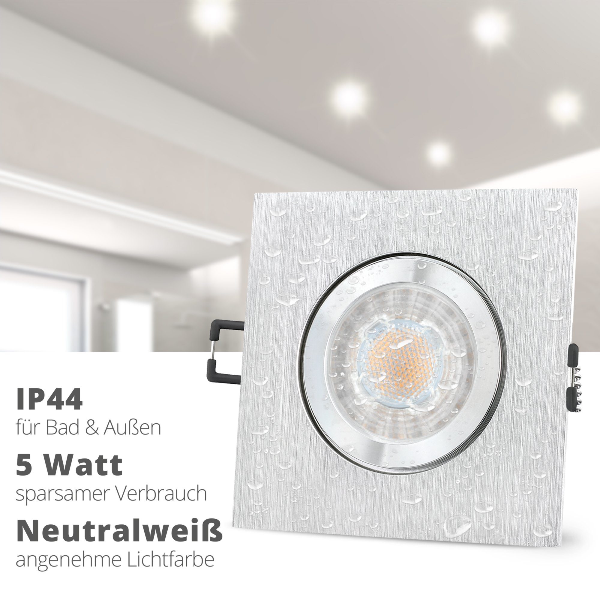 Alu Einbauspot QW-2 mit & Außen-Deckenleuchte fuer LED LED, Bad SSC-LUXon Neutralweiß IP44 Aussen quadratisch