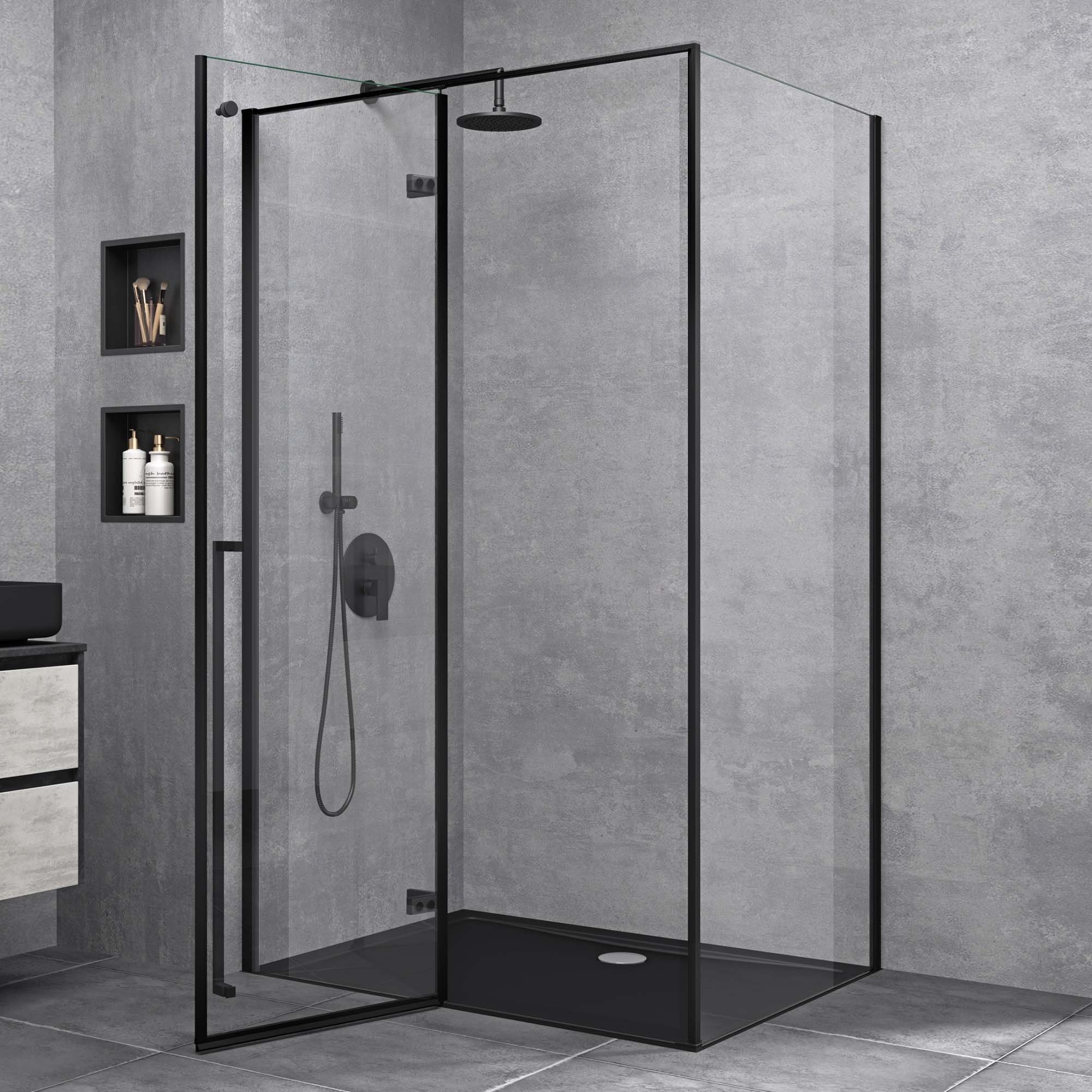 doporro Eckdusche Duschkabine Duschabtrennung schwarz ESG-Glas mit Nano H:195cm Rav64, BxT: 100x80 cm, Einscheibensicherheitsglas, ebenerdiger Einbau möglich