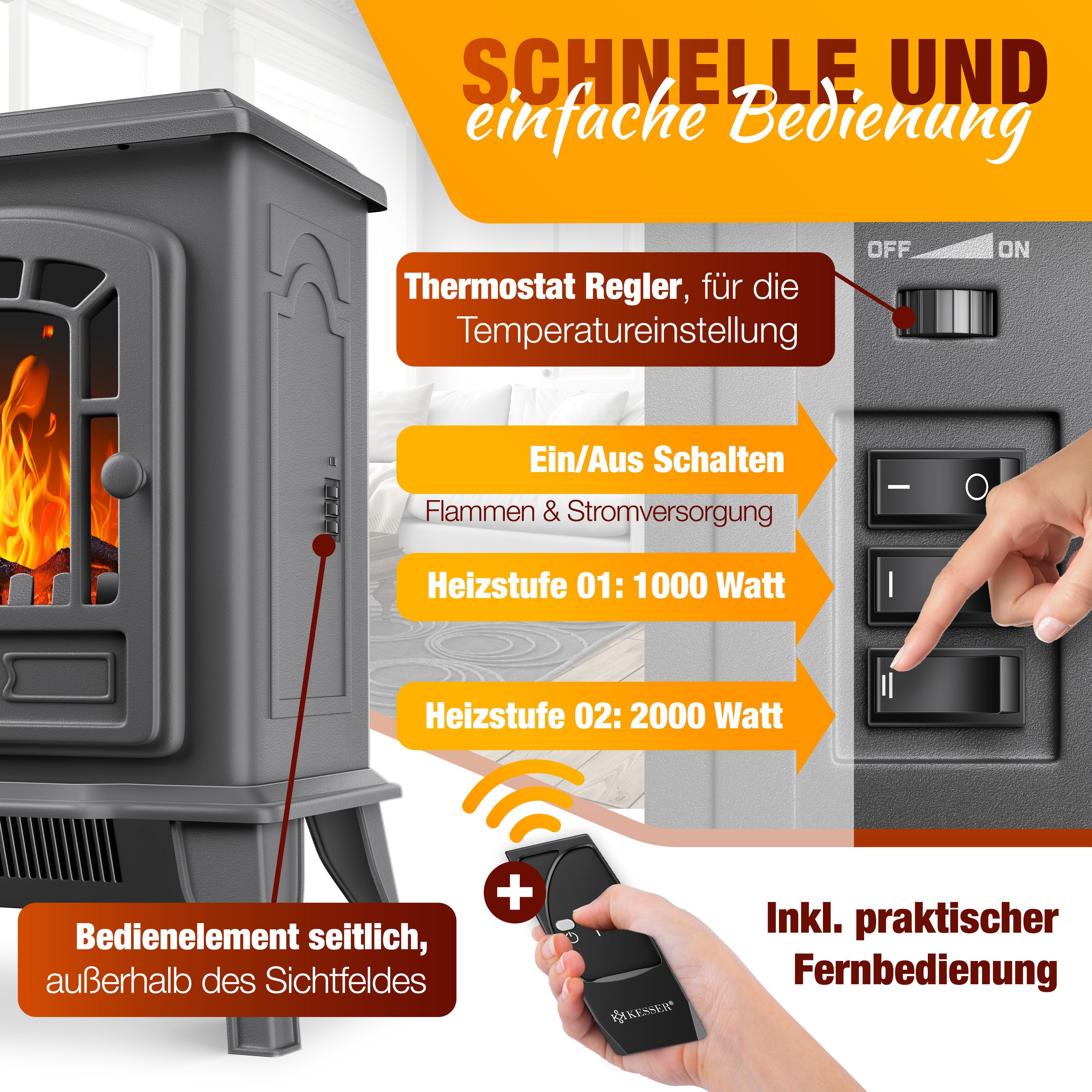 KESSER Elektrokamin 2 in 1, Heizfunktion, 3D Kaminfeuer-Effekt, mit zwei Heizstufen, Sicherheitsabschaltung, Thermostat Regler