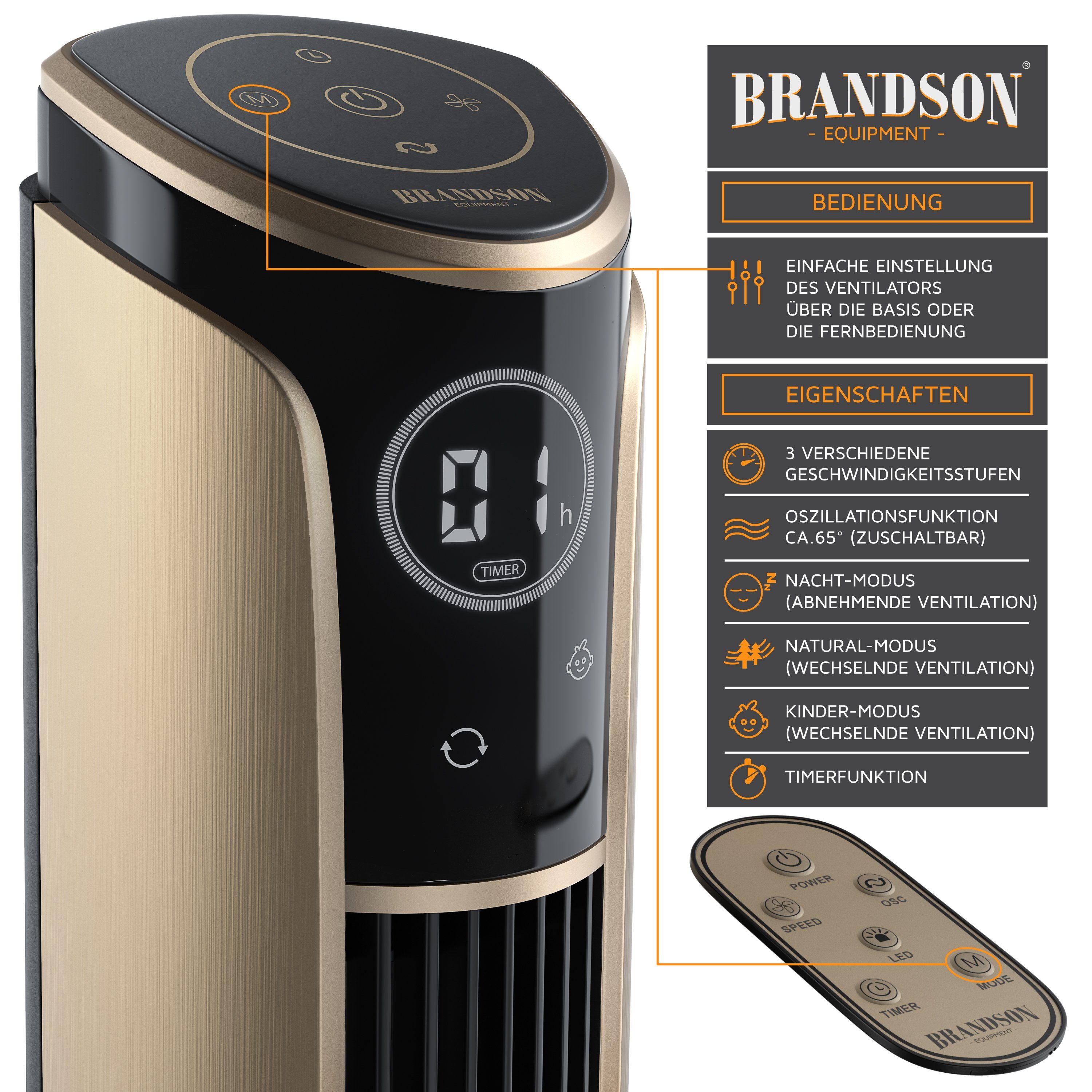 Brandson Turmventilator, neigbar, 4 Modi, Oszillation, Standventilator gold 10° 108cm Fernbedienung