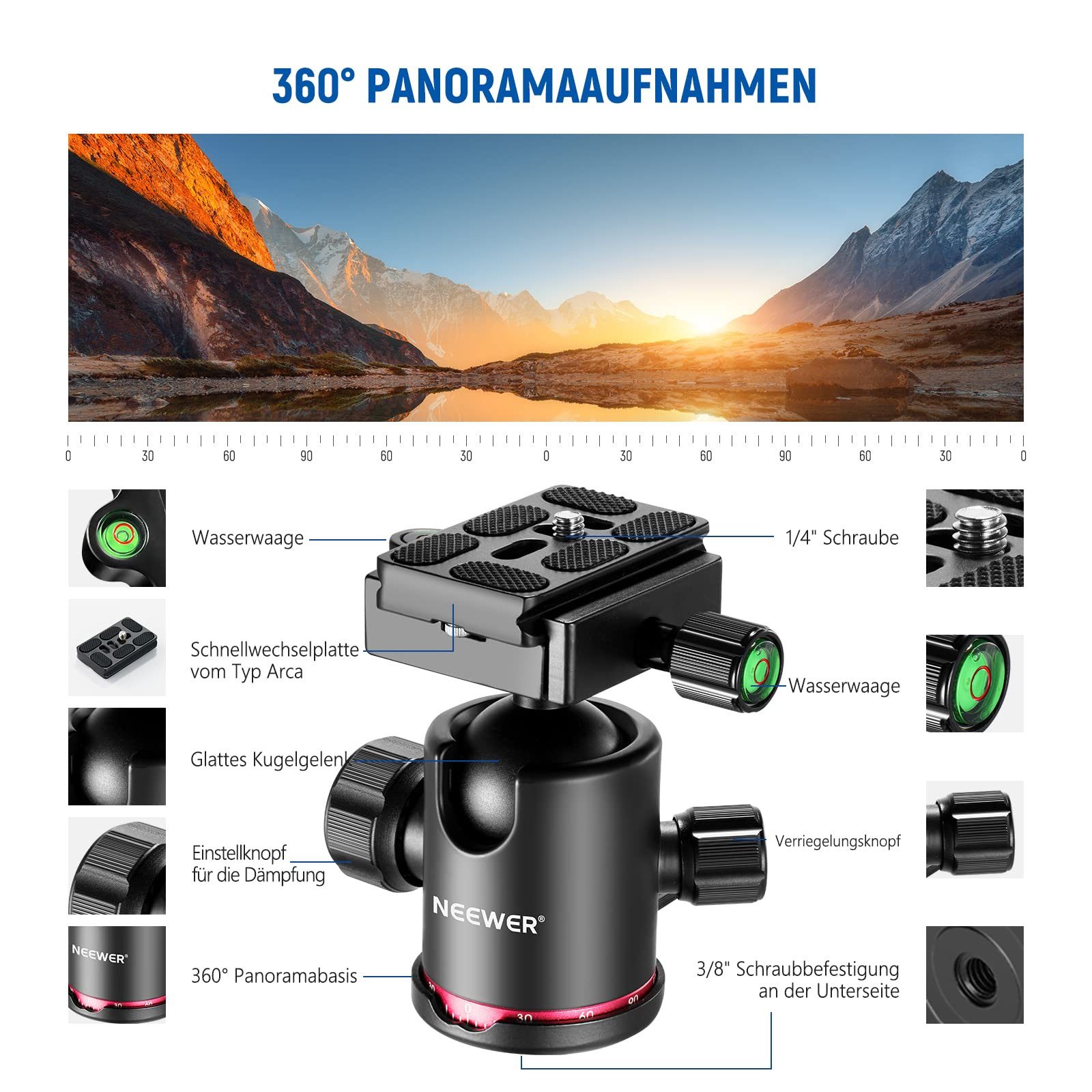 Neewer N55CR Carbon-Stativ 205cm, 360° Kugelkopf, 12kg Tragkraft Kamerastativ (höhenverstellbar von 56.5 bis 213 cm) – Bild 5 von 5