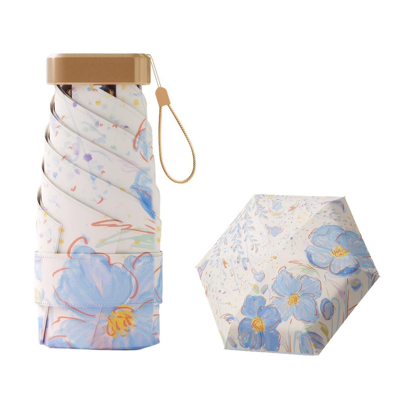 LuxusKollektion Taschenregenschirm Regenschirm Damen Mini Blumendesign UPF50+ Blue