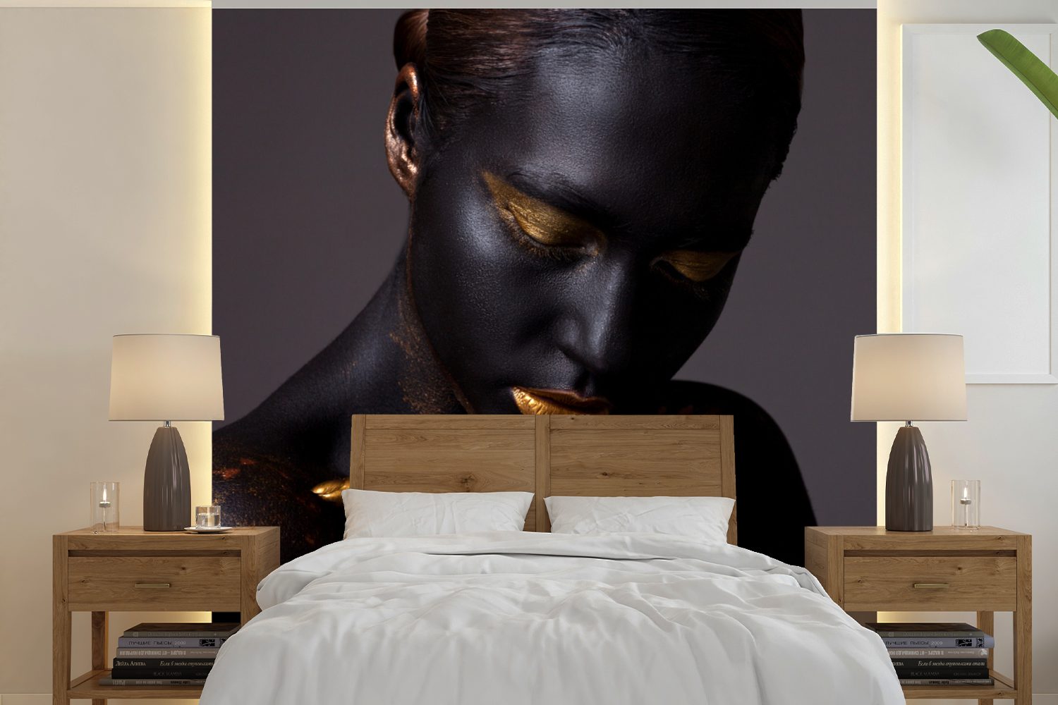 MuchoWow Fototapete Frau - Make-up - Gold, Matt, bedruckt, (5 St), Vinyl Tapete für Wohnzimmer oder Schlafzimmer, Wandtapete