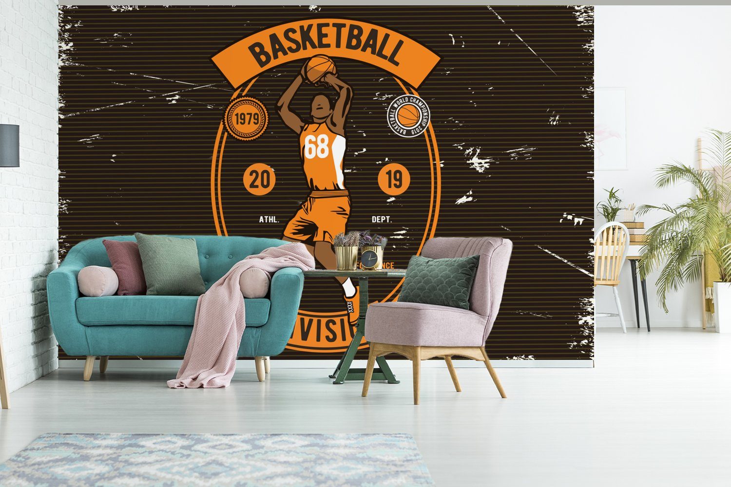 Wohnzimmer, Wallpaper Fototapete (6 Schwarz, Tapete Schlafzimmer, St), Retro - Matt, Kinderzimmer, Basketball - für Mancave - MuchoWow Orange - bedruckt, Vinyl