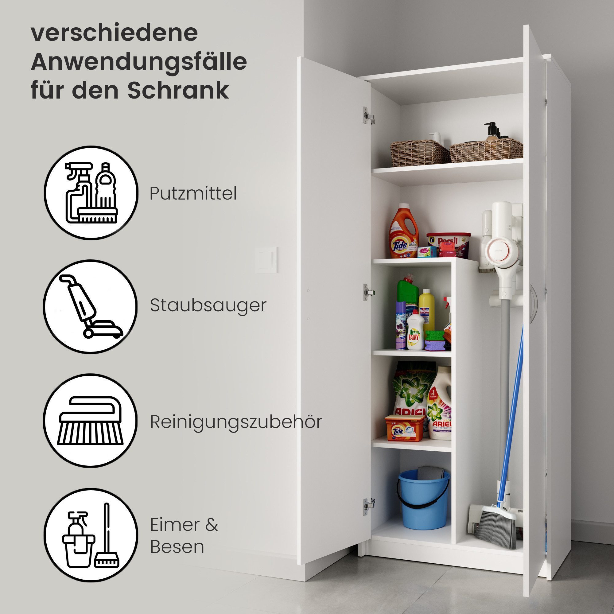 Home Collective Mehrzweckschrank Kleiderschrank Regal 74cm breit 180cm hoch Aktenschrank (Schrank Organizer aus Holz für Schlafzimmer Flur Keller Büro) mit Einlegeböden und Extra-Fach Schrank Organizer, MDF Holz in Weiß