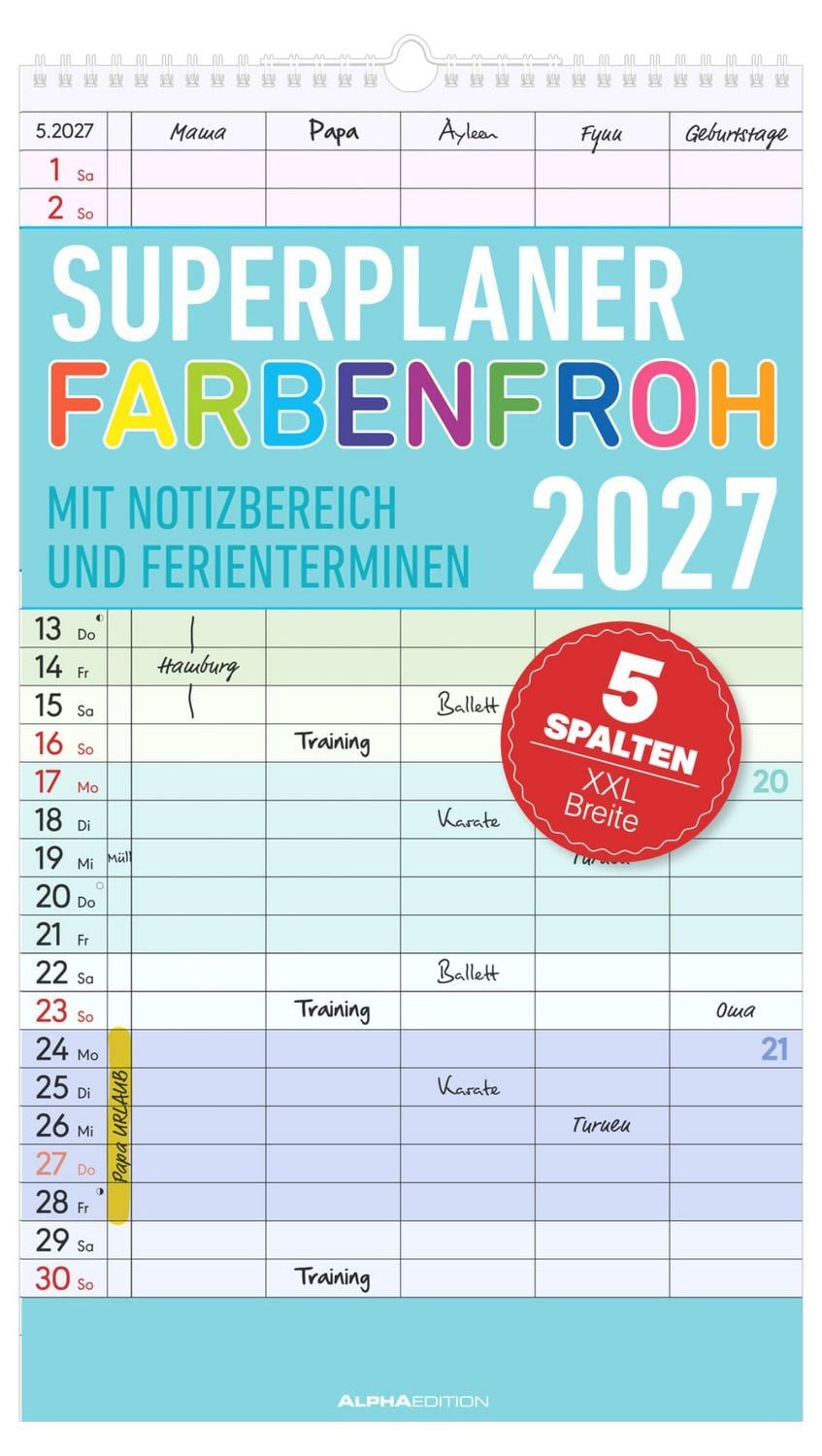 Familienkalender Superplaner Farbenfroh - 5 Spalten 2027
