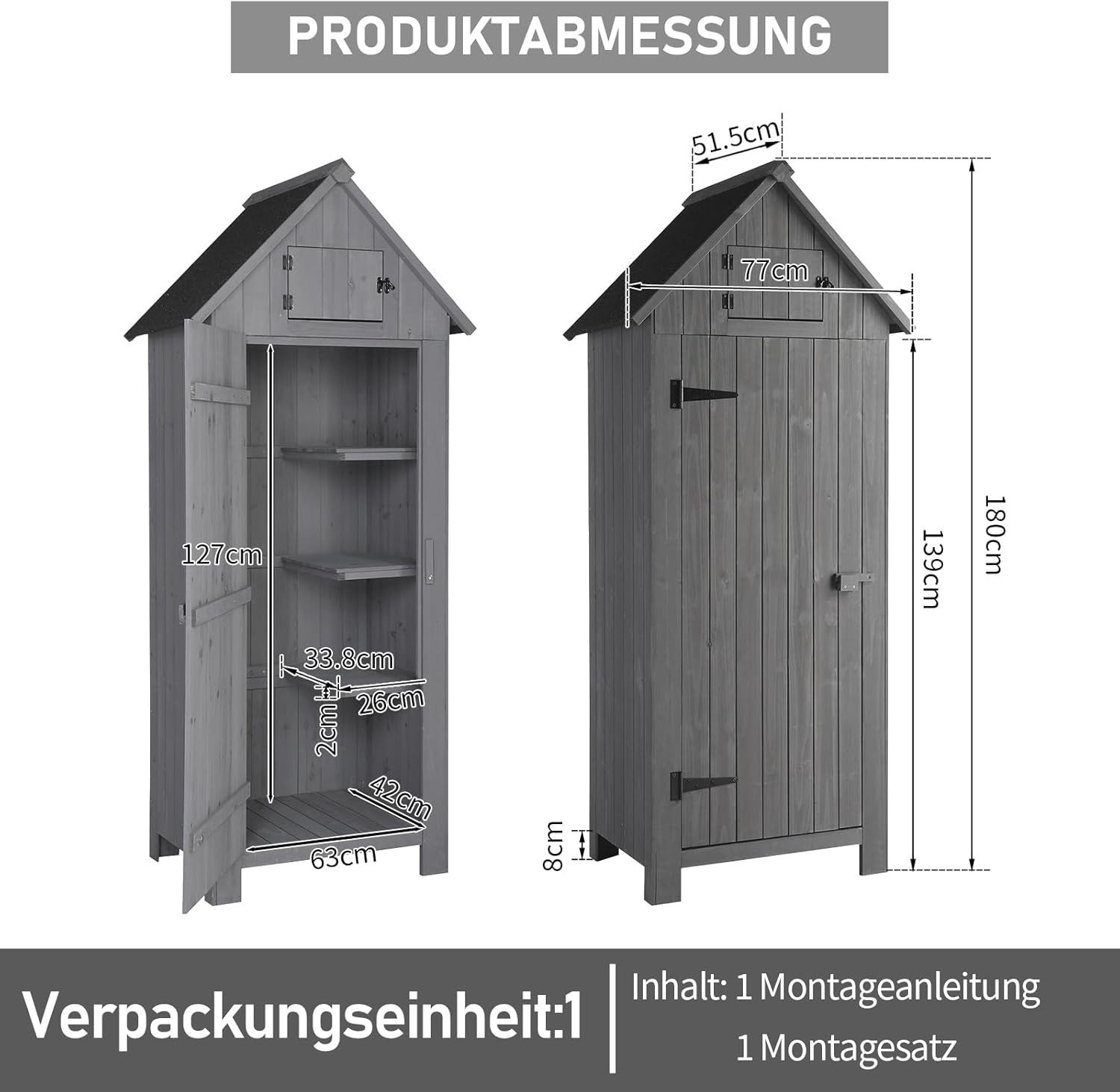 LALAHO Geräteschrank Geräteschuppen Werkzeugschrank Outdoor Holz Gerätehaus für Außenbereich, Satteldach, 77 X 54 X 180 cm