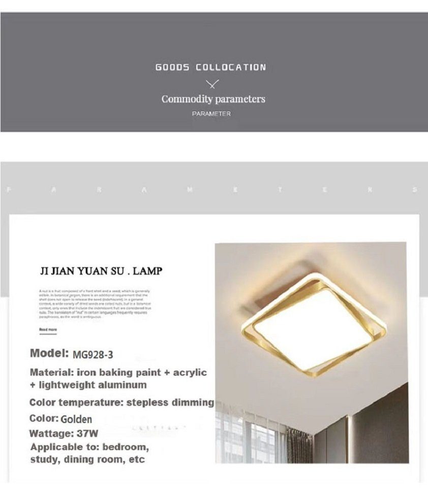 Wohnzimmer, LED Gold Moderne fest Daskoo LED Deckenlampe mit integriert, 37W Deckenleuchte Quadrat Deckenleuchten Fernbedienung LED Warmweiß/Neutralweiß/Kaltweiß,